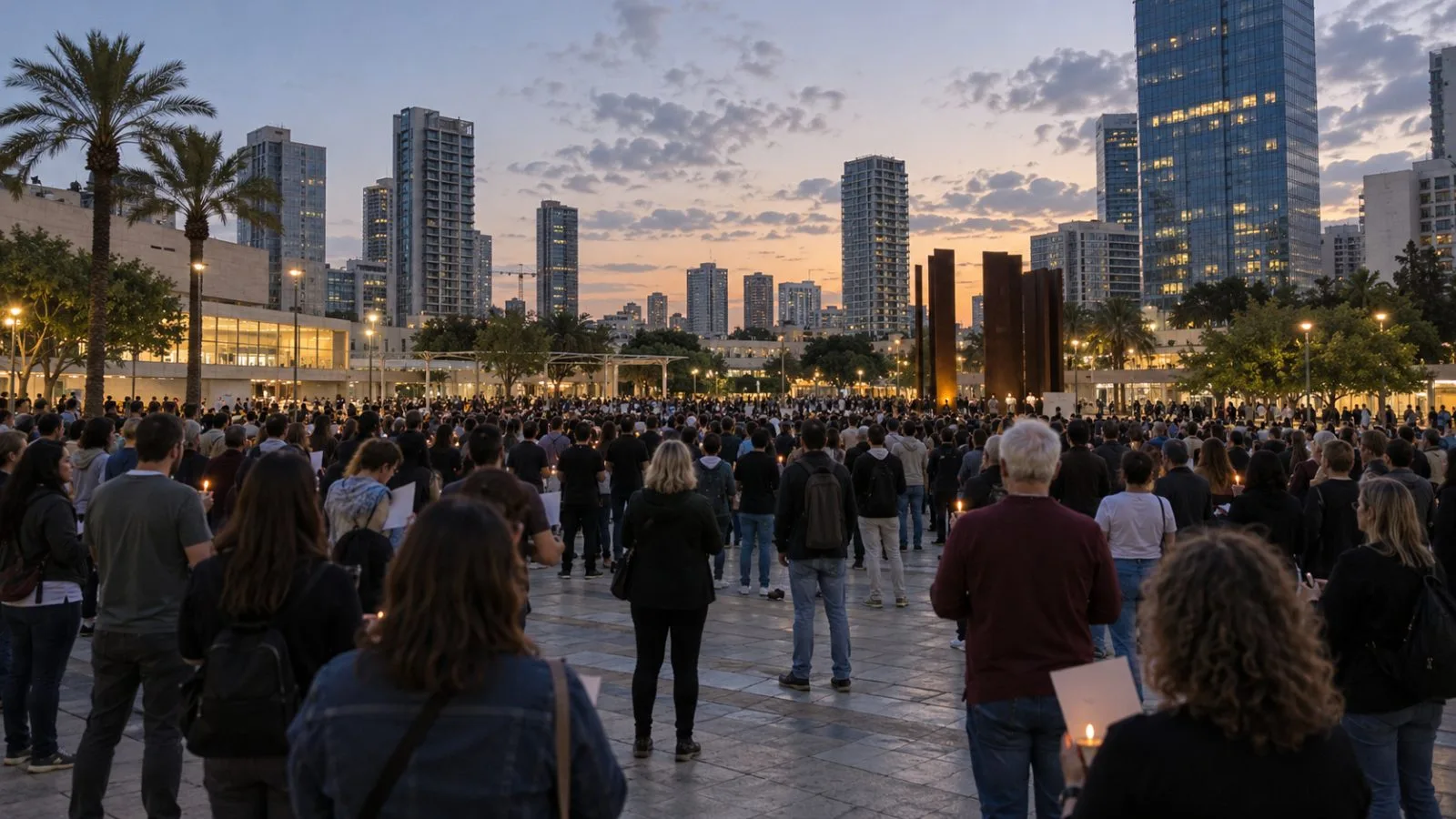 Demonstrators gather at Hostages Square in Tel Aviv, Israel, during an evening rally. (AI-generated image / EconoTimes)