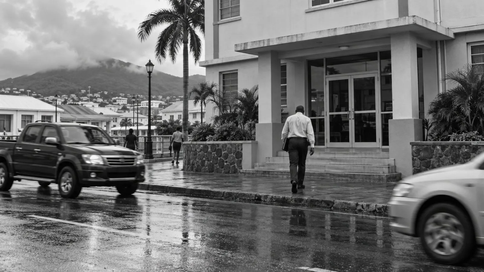 A visitor approaches the Citizenship by Investment Unit headquarters in Basseterre, St. Kitts and Nevis. (AI-generated image / EconoTimes)