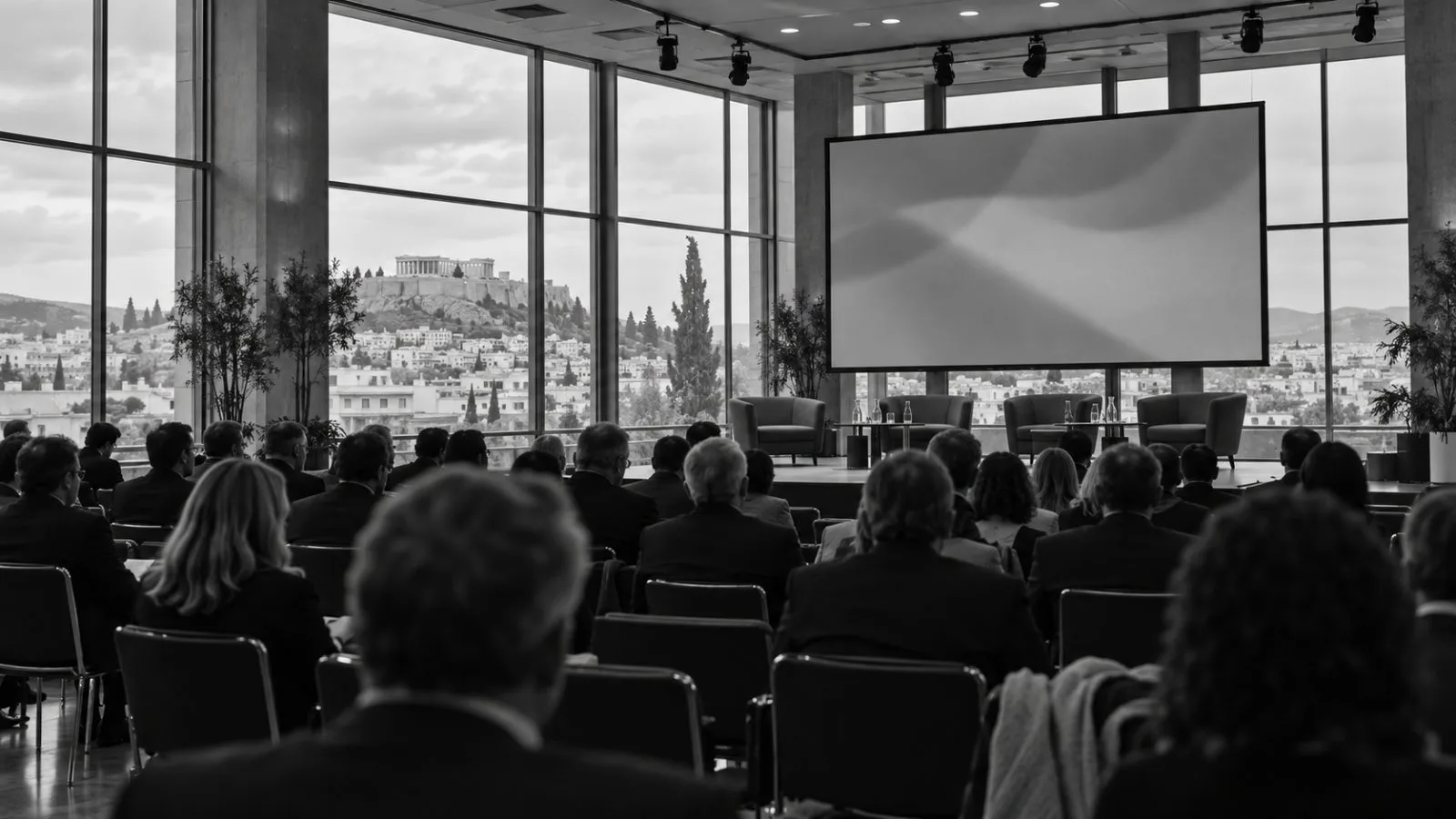 Delegates sit facing a conference stage during a business forum in Athens, Greece. (AI-generated image / EconoTimes)