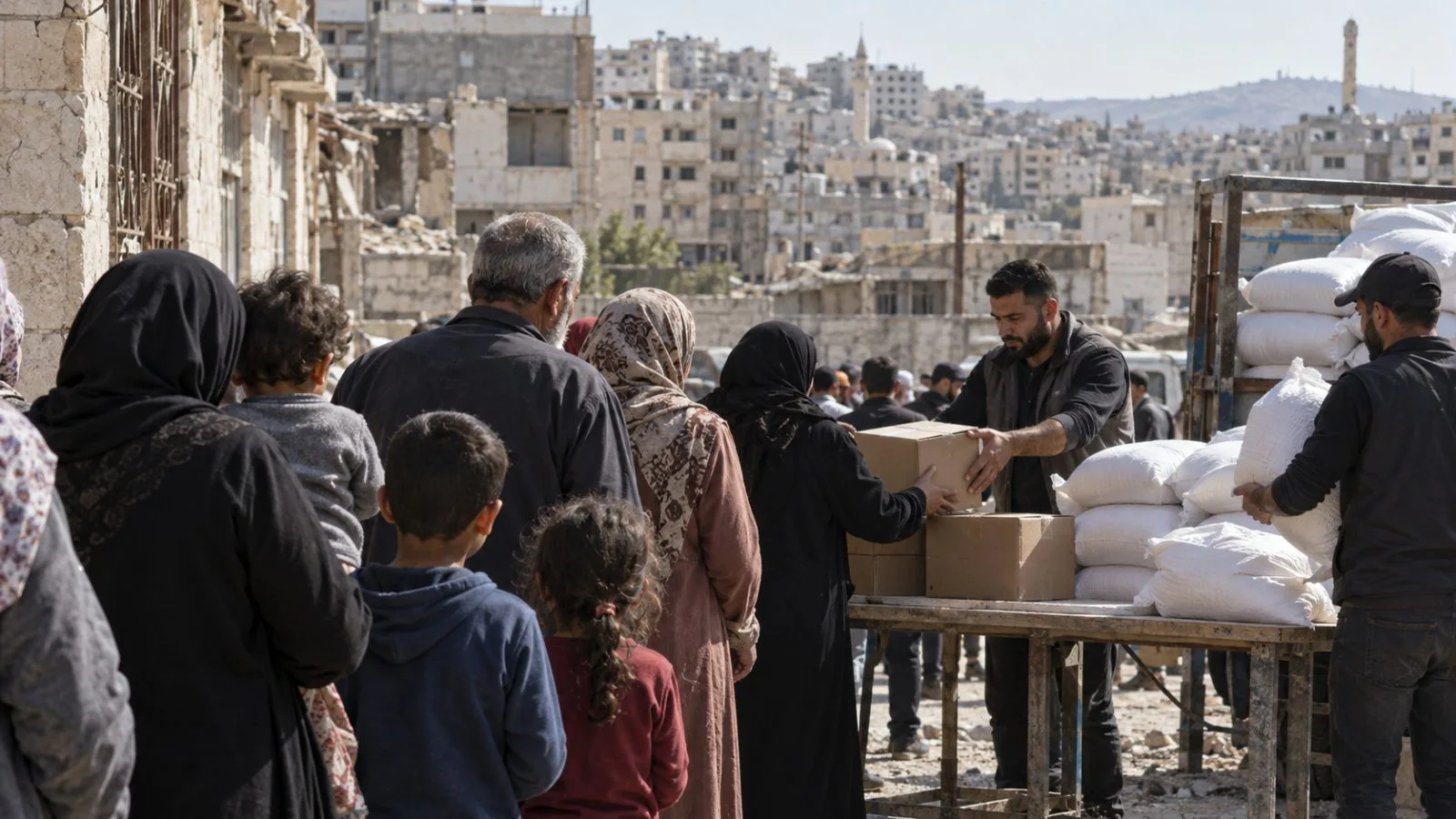 Families wait for food parcels at an aid distribution point in Gaza City. (AI-generated image / EconoTimes)