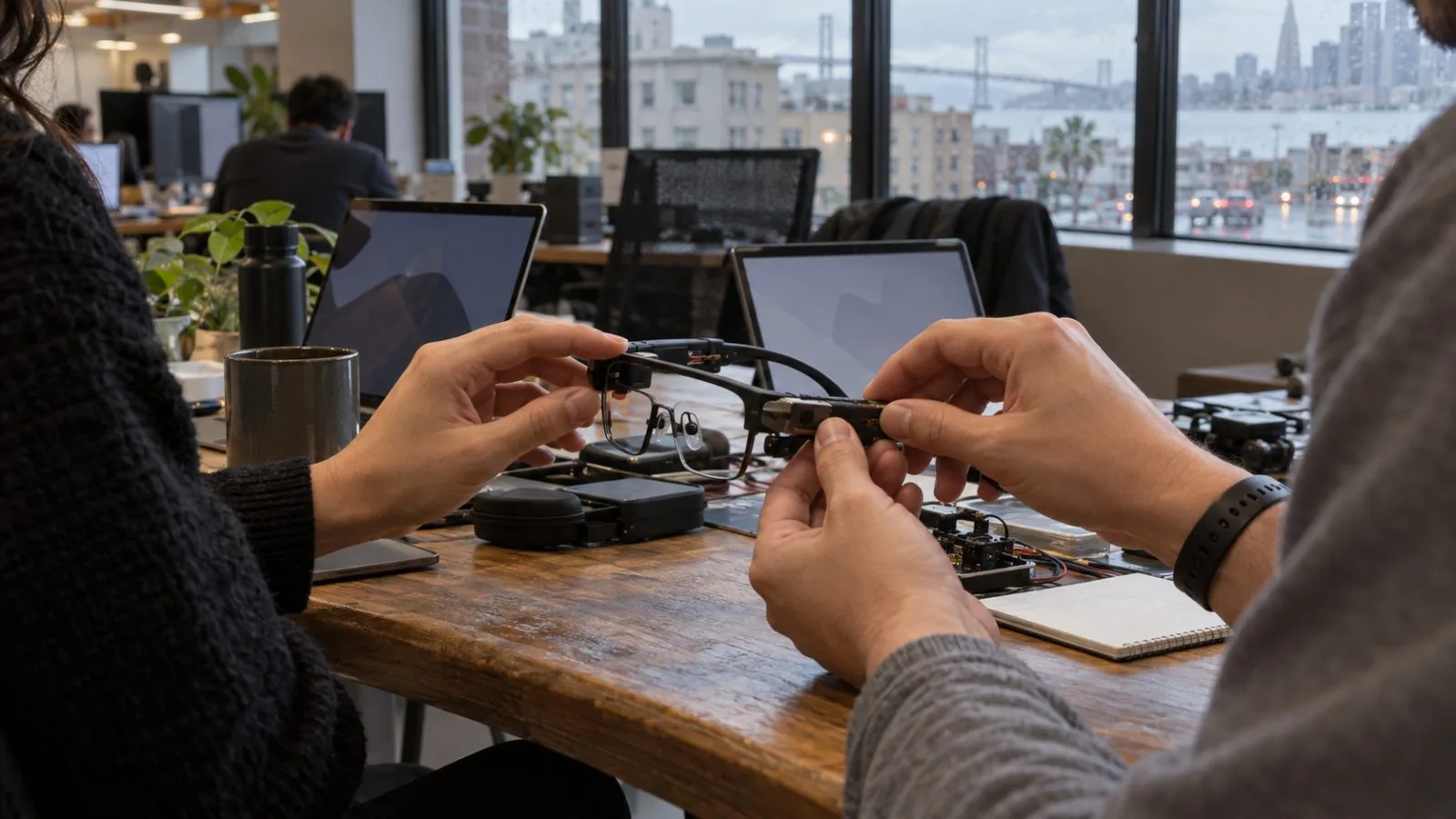 Prototype glasses are examined at a startup workspace in San Francisco. (AI-generated image / EconoTimes)