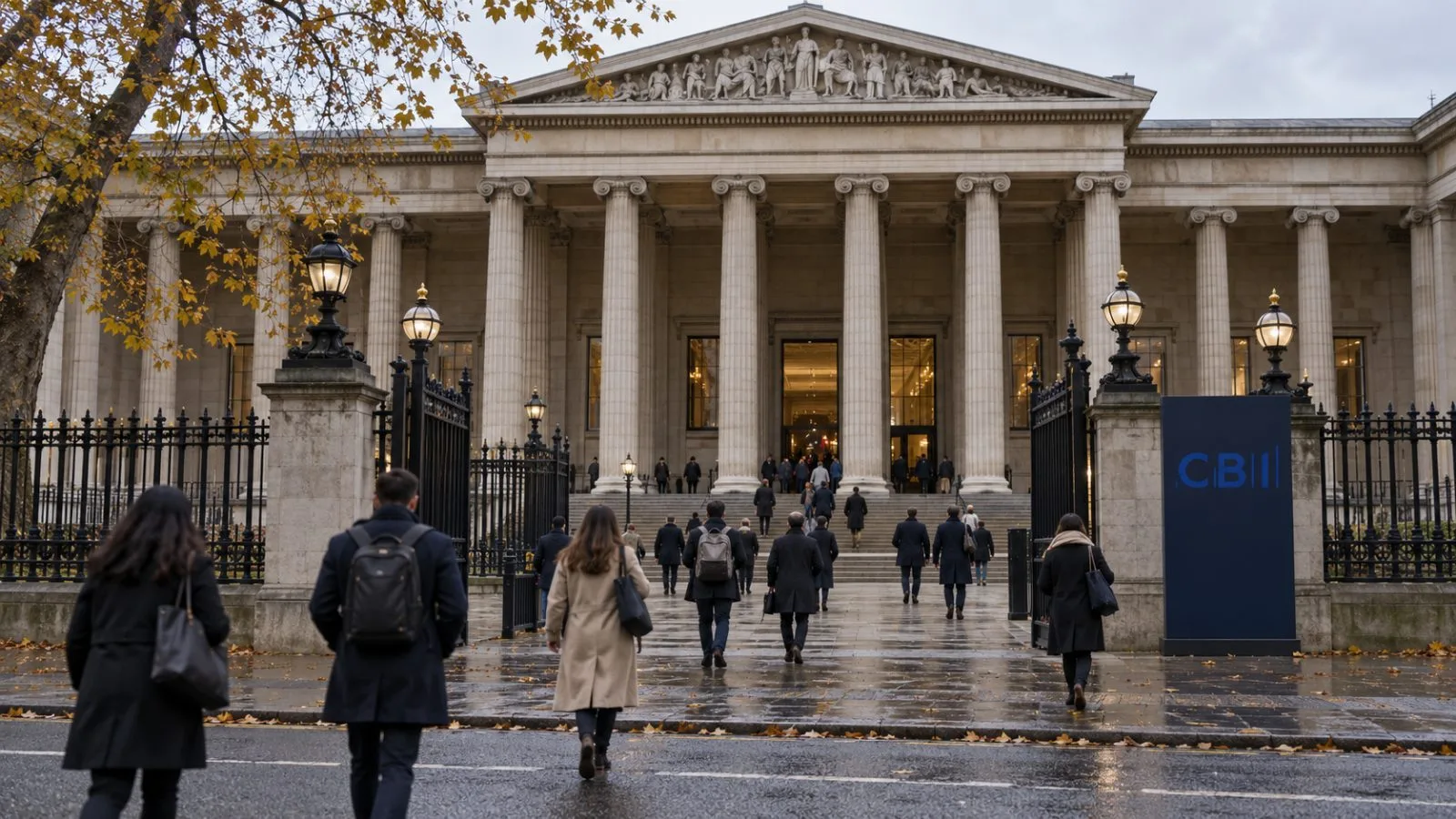 Attendees arrive at the British Museum in London for an autumn business gathering. / EconoTimes.ai