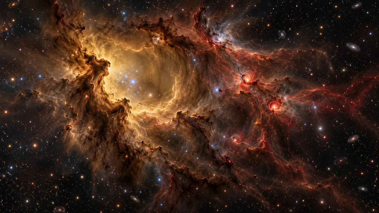 Webb's infrared image shows a broad golden cavity beside red protostars in NGC 7129. (AI-generated image / EconoTimes)