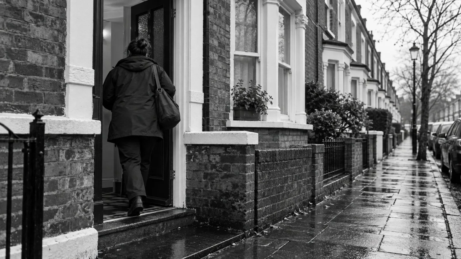 A home-care worker enters a terraced house in London, England, on a grey morning. (AI-generated image / EconoTimes)