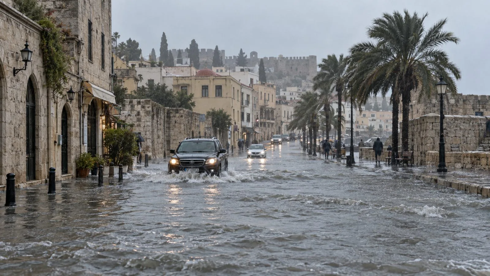 Floodwater covers a street in Rhodes, Greece, during heavy rain. (AI-generated image / EconoTimes)