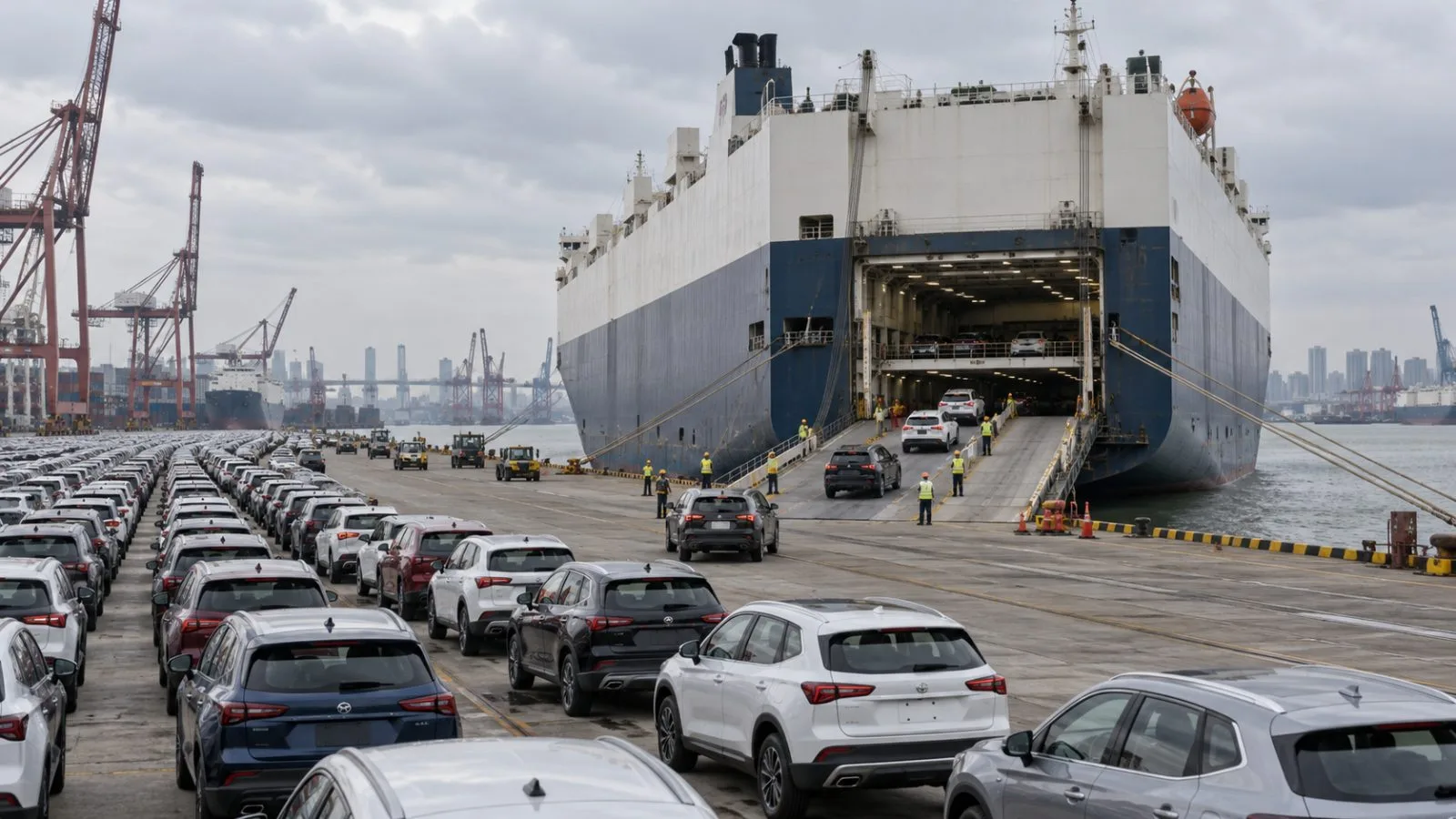 Passenger cars wait for export beside a roll-on/roll-off ship at Shanghai’s Haitong terminal in China. (AI-generated image / EconoTimes)