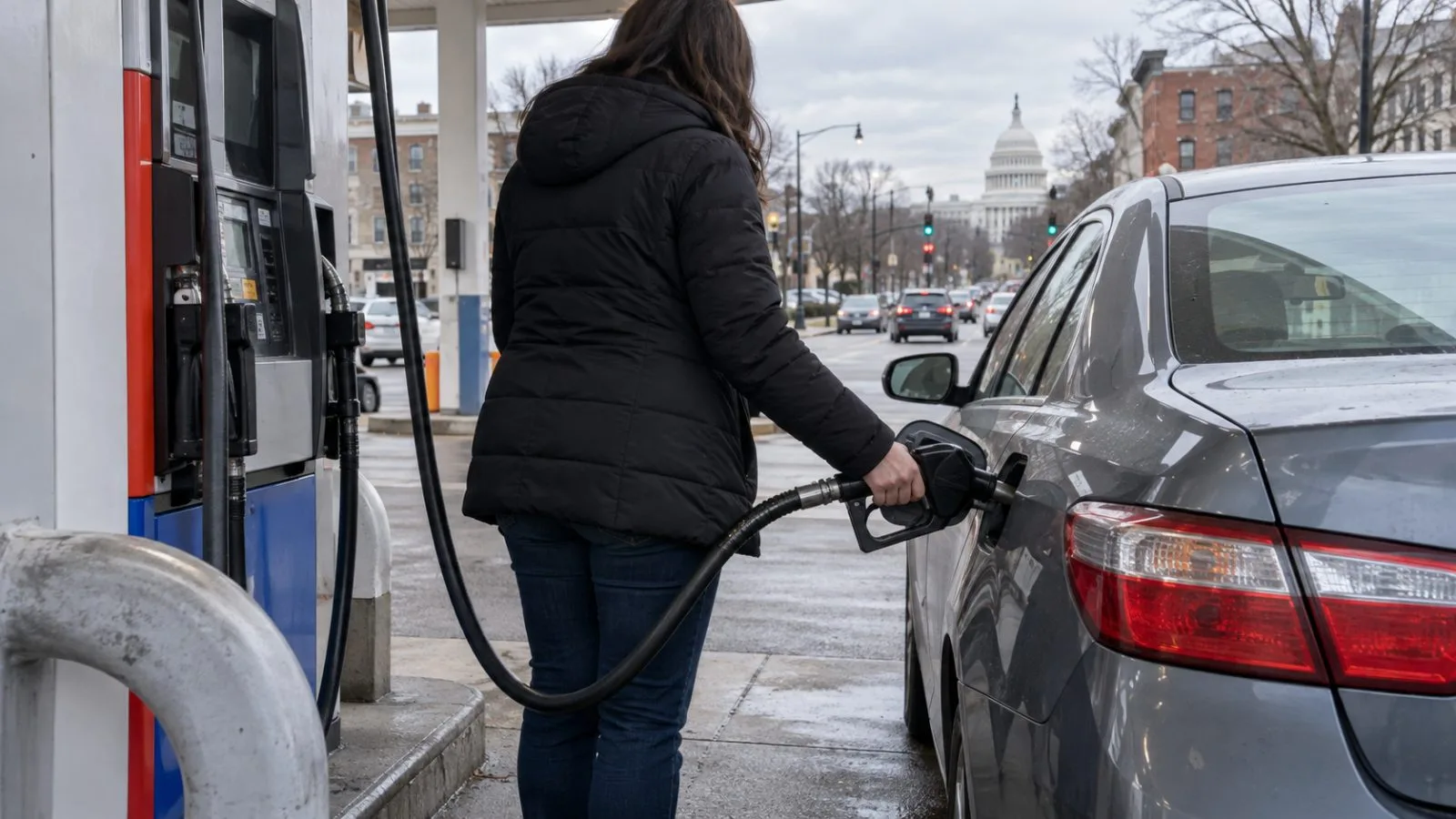 A driver fills a car at a neighborhood gas station in Washington, D.C. (AI-generated image / EconoTimes)