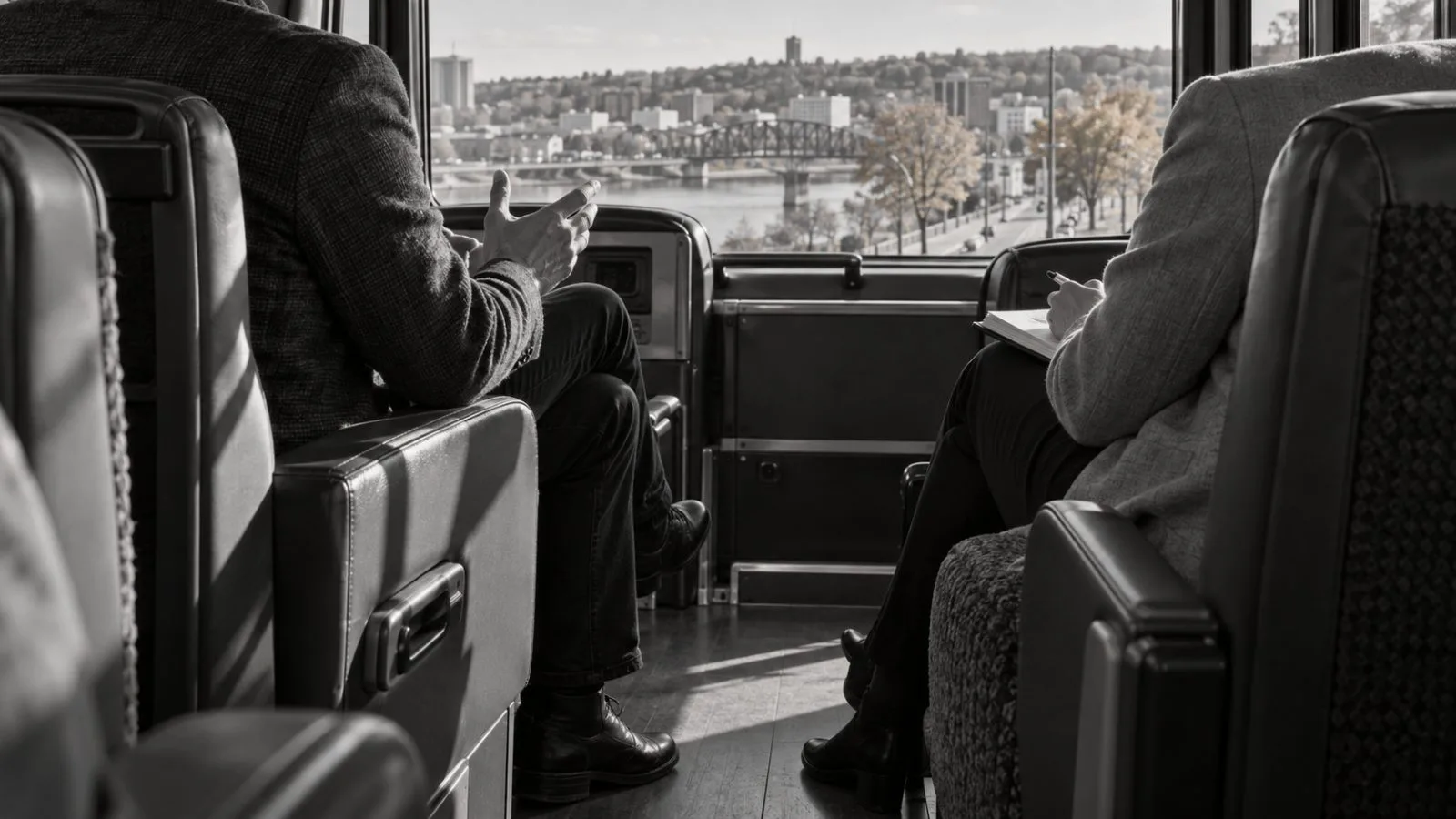 A brief interview takes place inside a campaign bus in Sioux City, Iowa. (AI-generated image / EconoTimes)