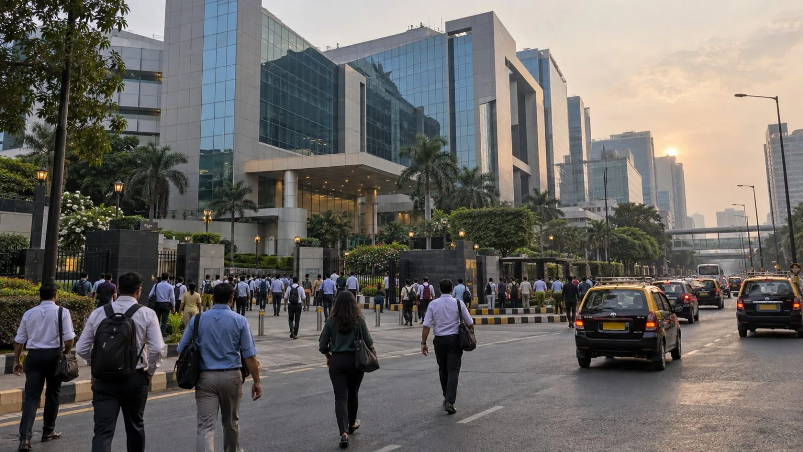 Office workers and taxis pass the National Stock Exchange complex in Mumbai, India. (AI-generated image / EconoTimes)