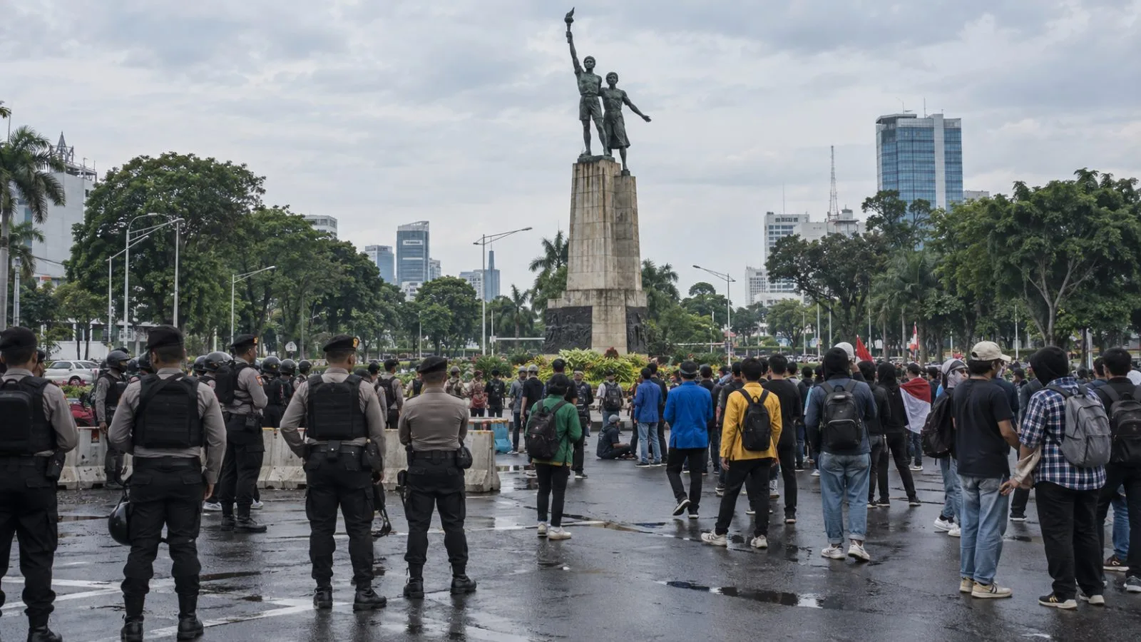 Security personnel and protesters gather near the Tugu Tani monument in Jakarta. (AI-generated image / EconoTimes)