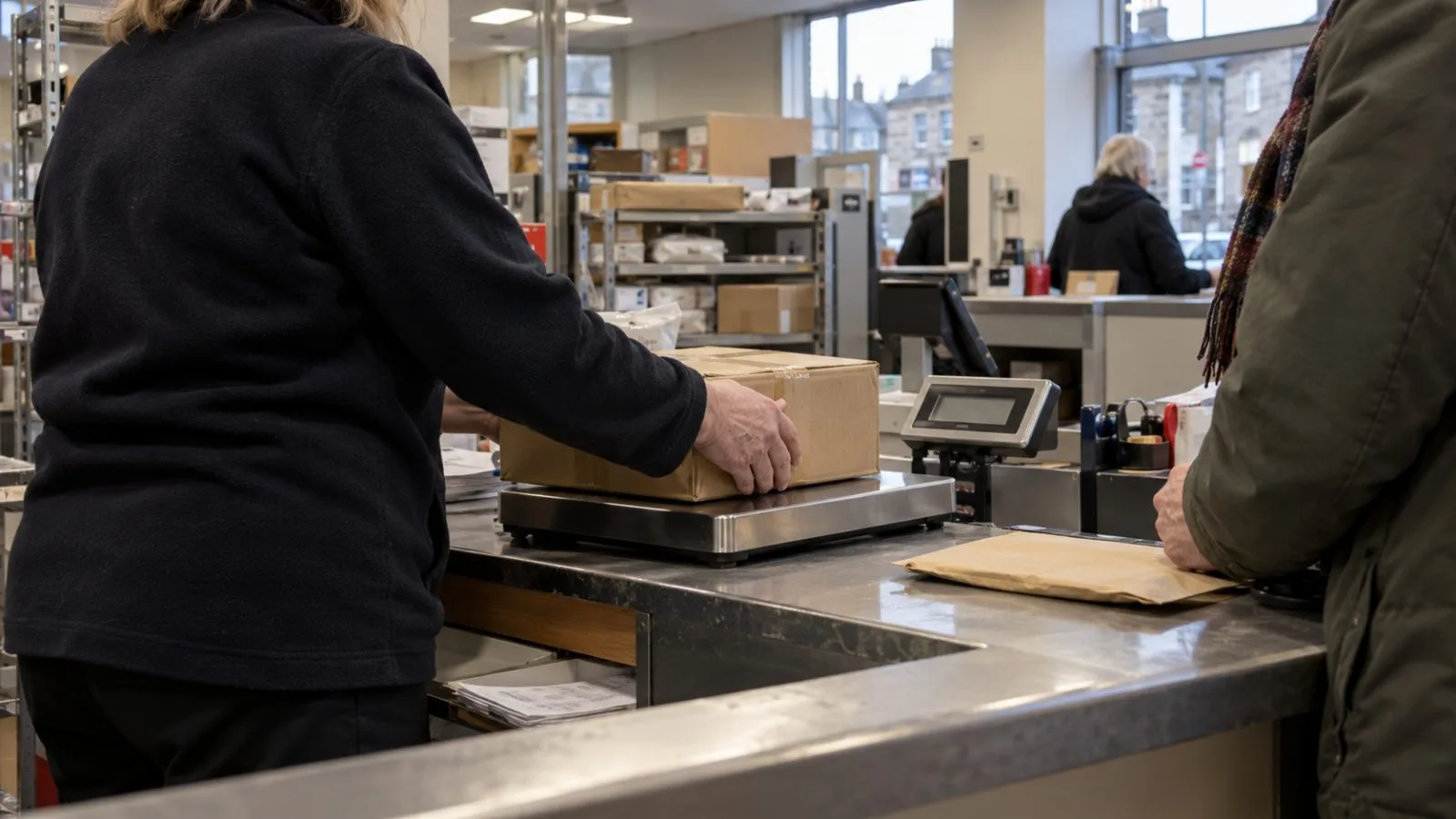 A customer posts a parcel at a counter in a Stirling post office, Scotland (AI-generated image / EconoTimes)