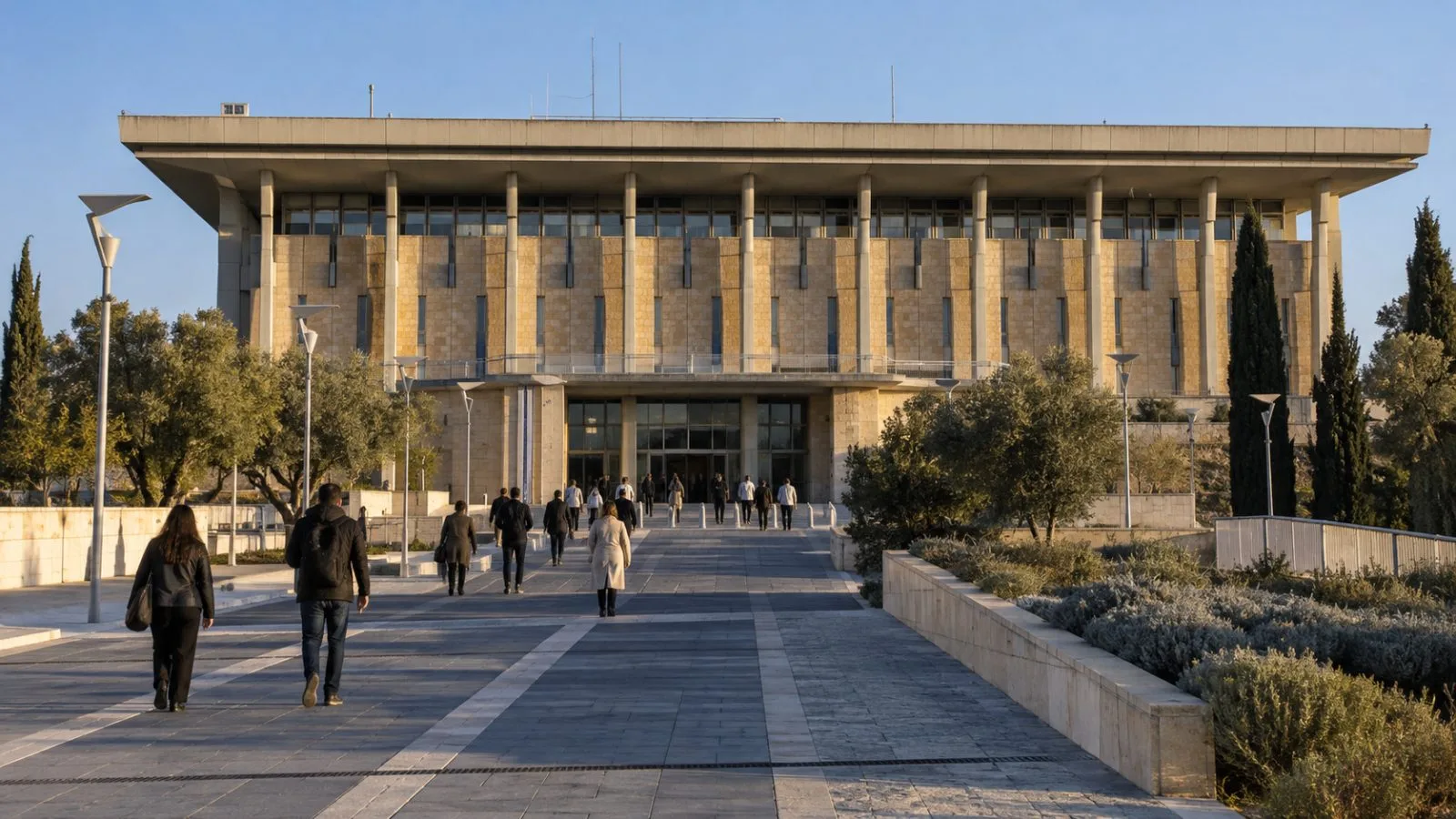 Visitors walk toward the Knesset entrance in Jerusalem in late-afternoon sunlight. (AI-generated image / EconoTimes)