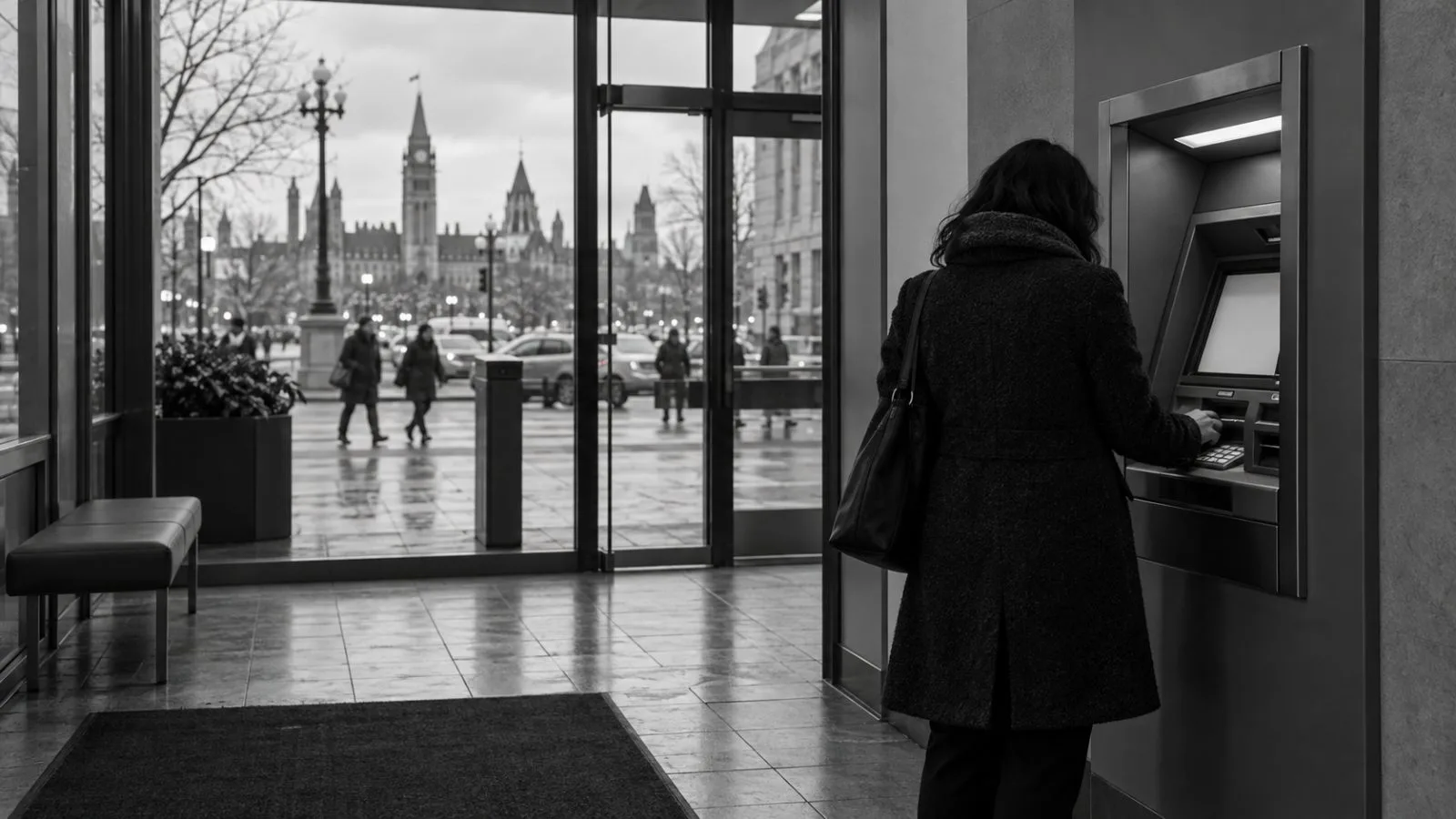 A customer uses an ATM inside a downtown bank vestibule in Ottawa, Canada. (AI-generated image / EconoTimes)