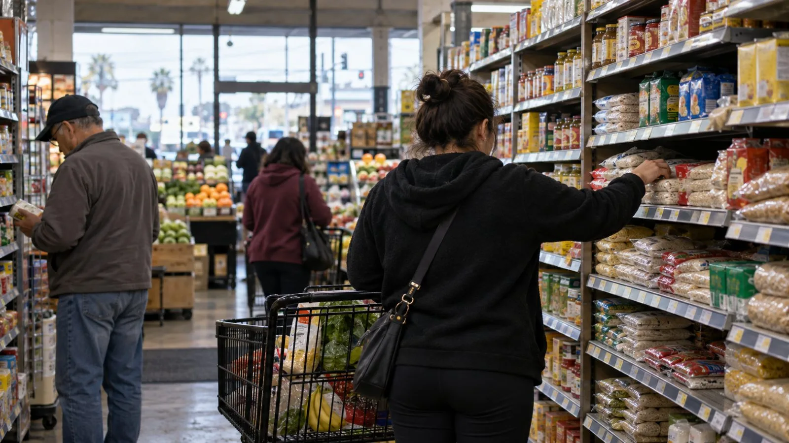 A shopper checks grocery prices at a market in San Diego, California (AI-generated image / EconoTimes)