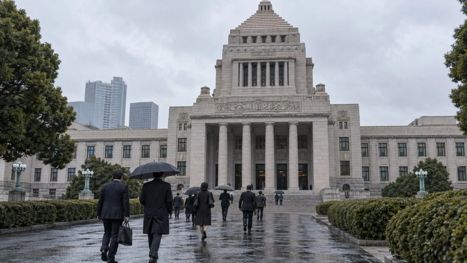 Anonymous lawmakers and staff enter Japan’s National Diet in Tokyo on an overcast morning (AI-generated image / EconoTimes)