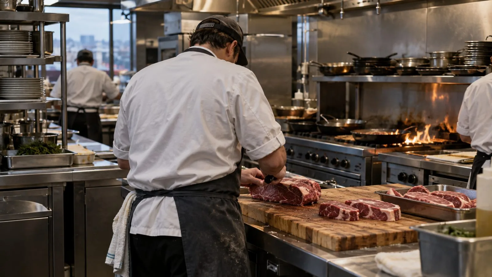 A cook portions beef in a steakhouse kitchen in Louisville, Kentucky. (AI-generated image / EconoTimes)