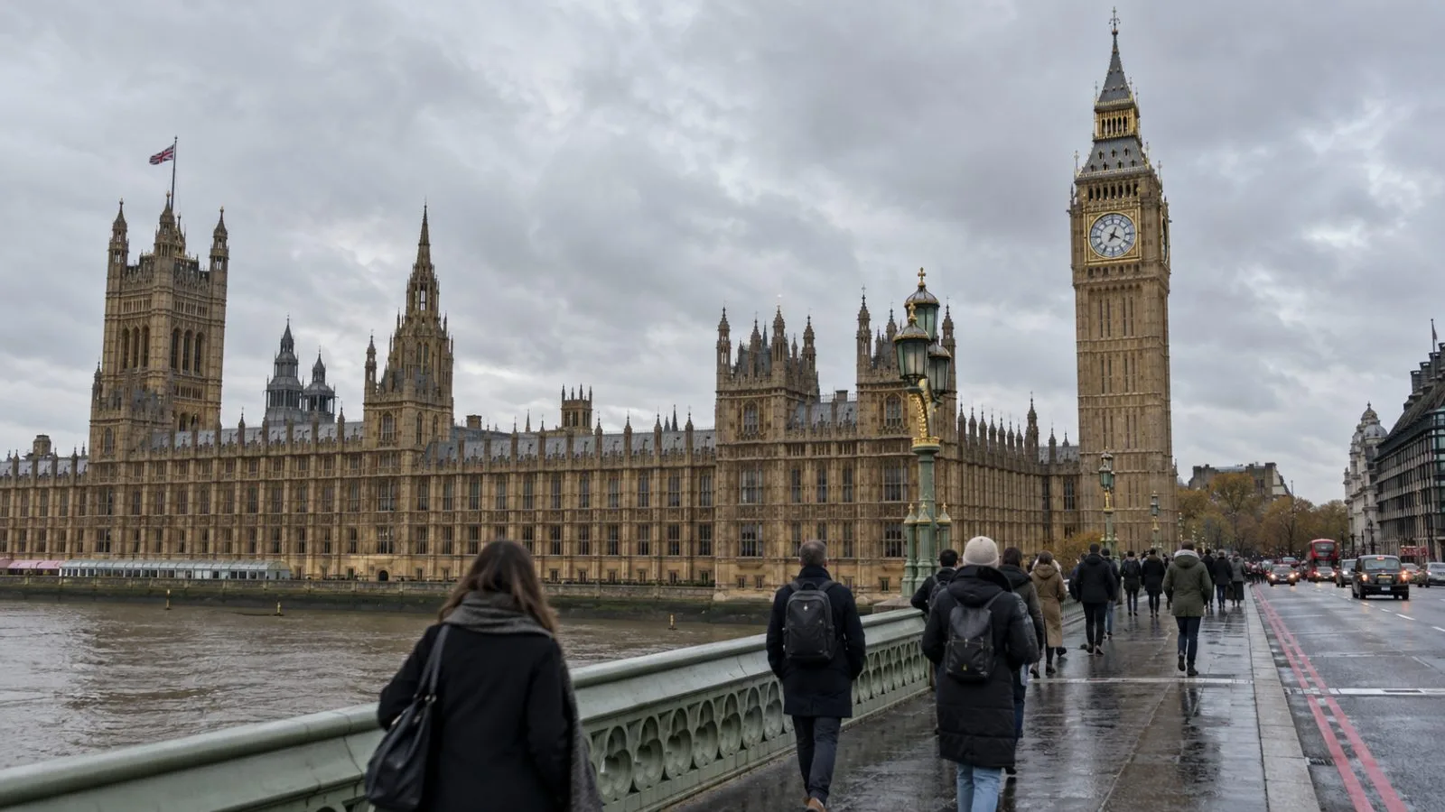Pedestrians walk past the Palace of Westminster in London on an overcast autumn morning. (AI-generated image / EconoTimes)