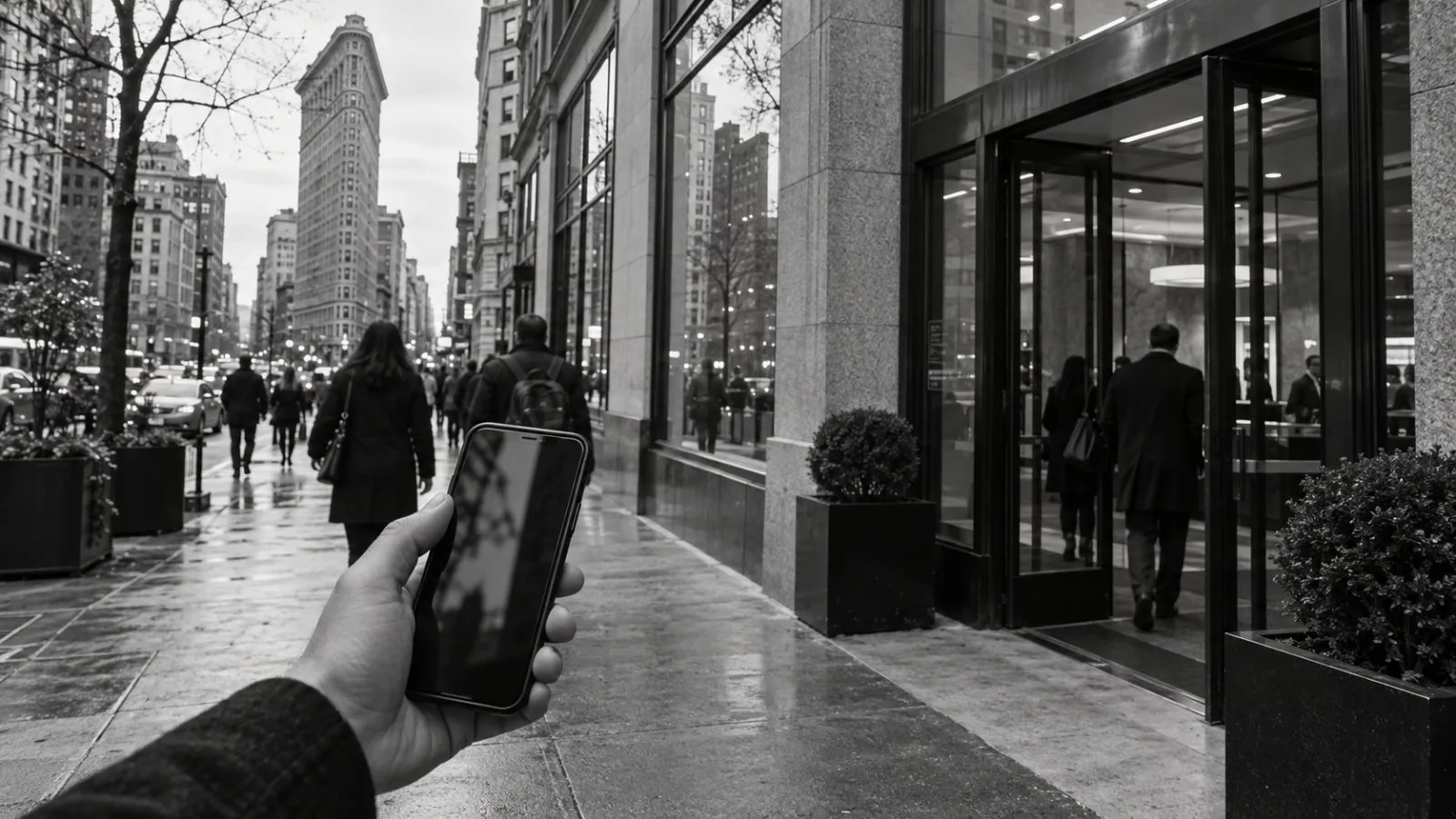 An anonymous hand holds a dark smartphone outside an office building in Manhattan, New York City (AI-generated image / EconoTimes)