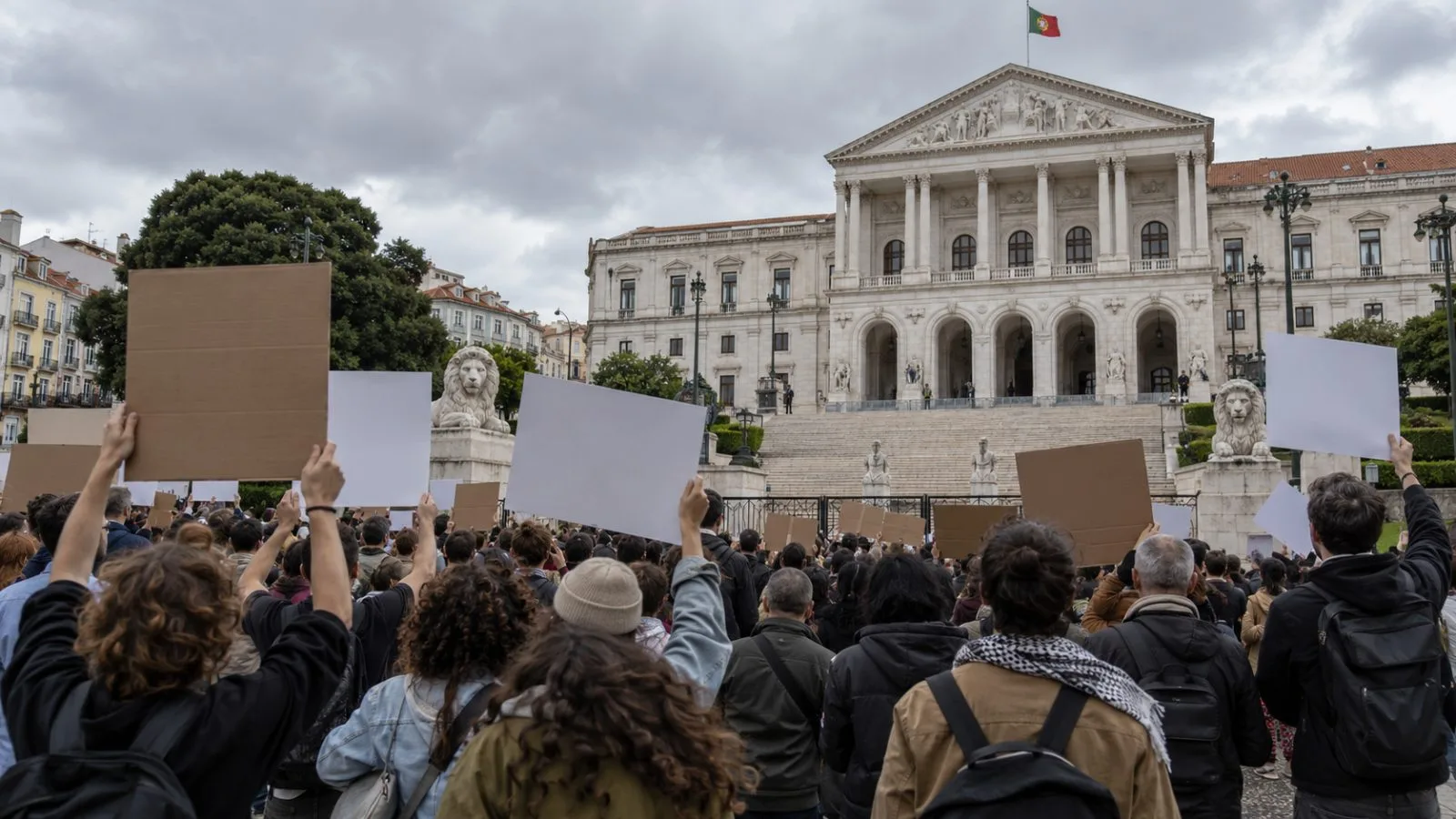 Demonstrators gather outside Portugal’s parliament in Lisbon during a housing protest. (AI-generated image / EconoTimes)