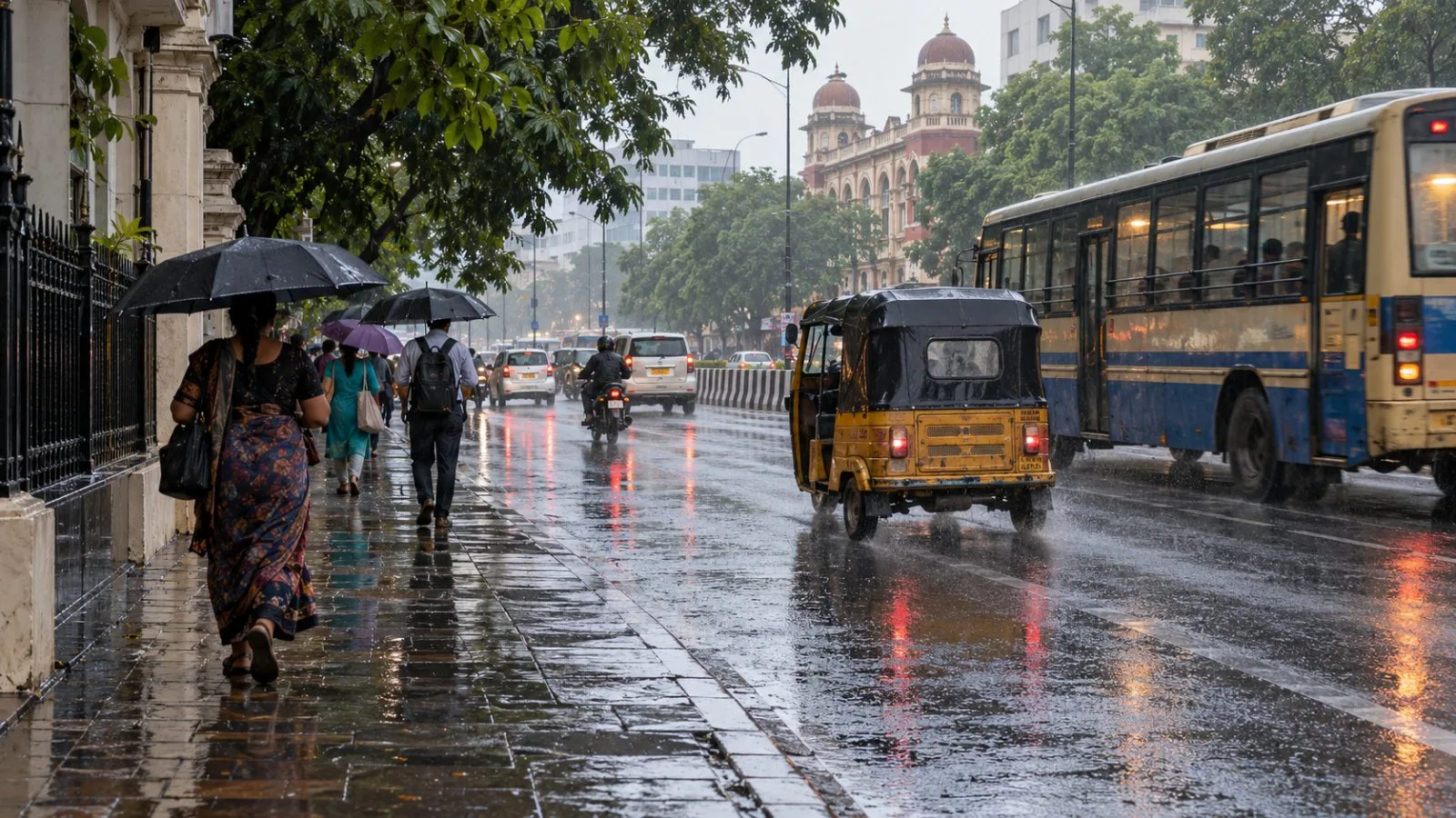 Commuters shelter beneath umbrellas as rain falls on a street in Chennai, Tamil Nadu (AI-generated image / EconoTimes)
