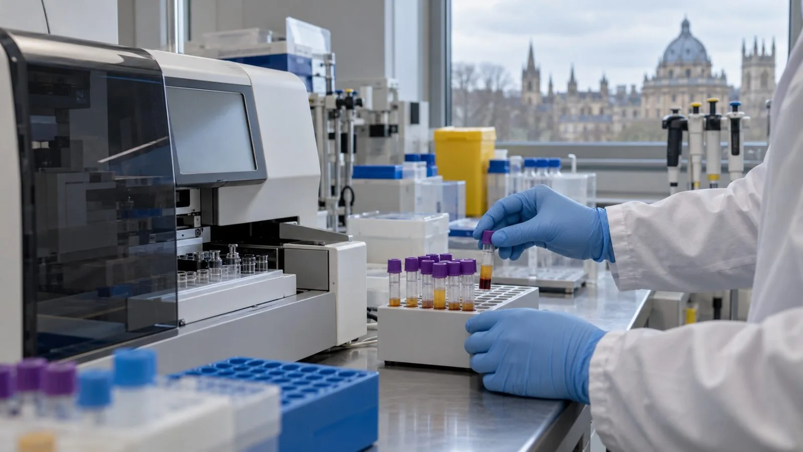 A researcher handles plasma sample tubes in a biomedical laboratory in Oxford, England. (AI-generated image / EconoTimes)