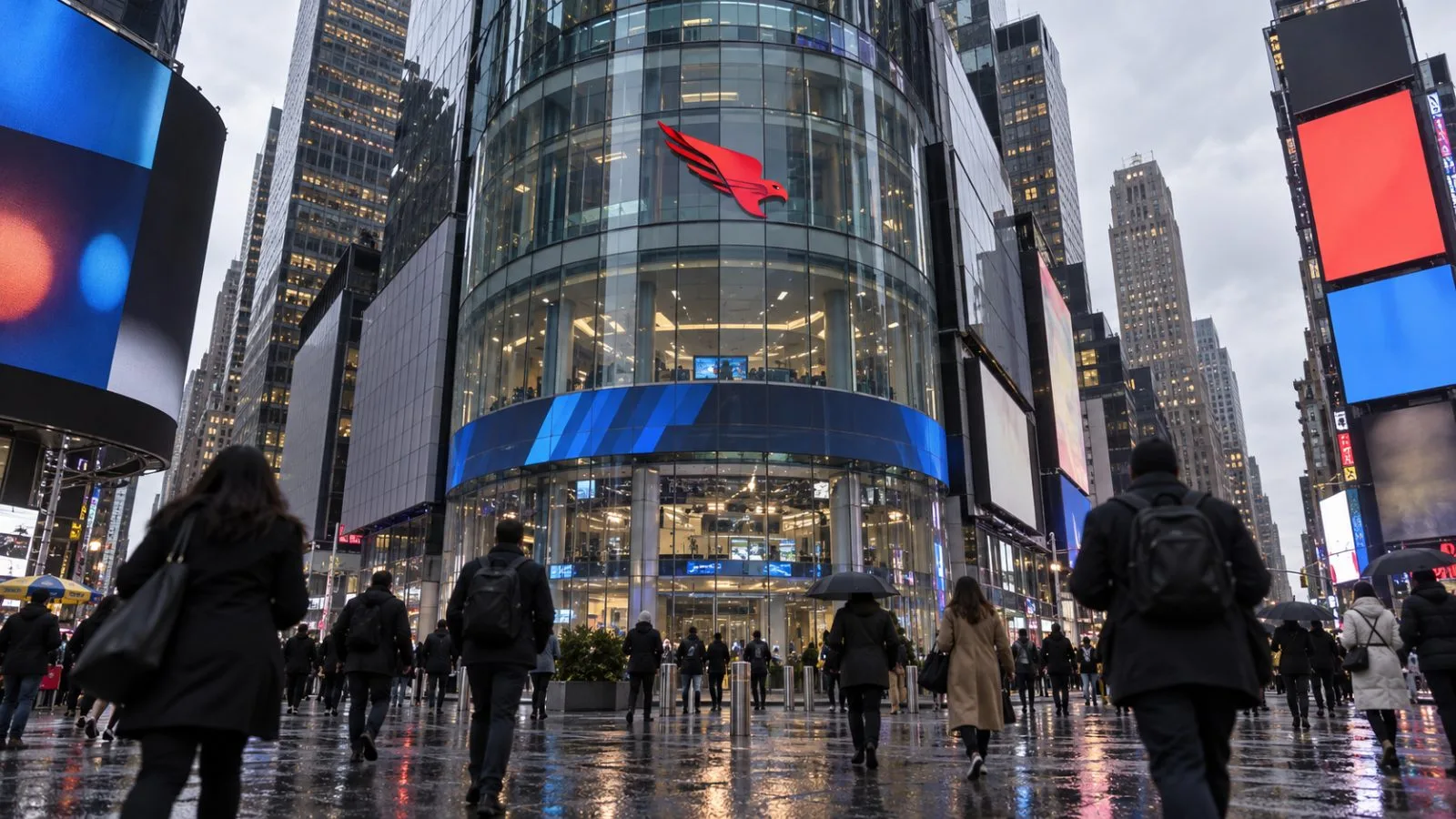 Pedestrians pass Nasdaq MarketSite in Times Square, New York, on a cloudy afternoon. / EconoTimes.ai