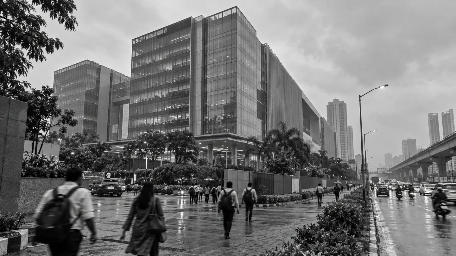Commuters pass the Godrej One office campus in Vikhroli East, Mumbai. (AI-generated image / EconoTimes)