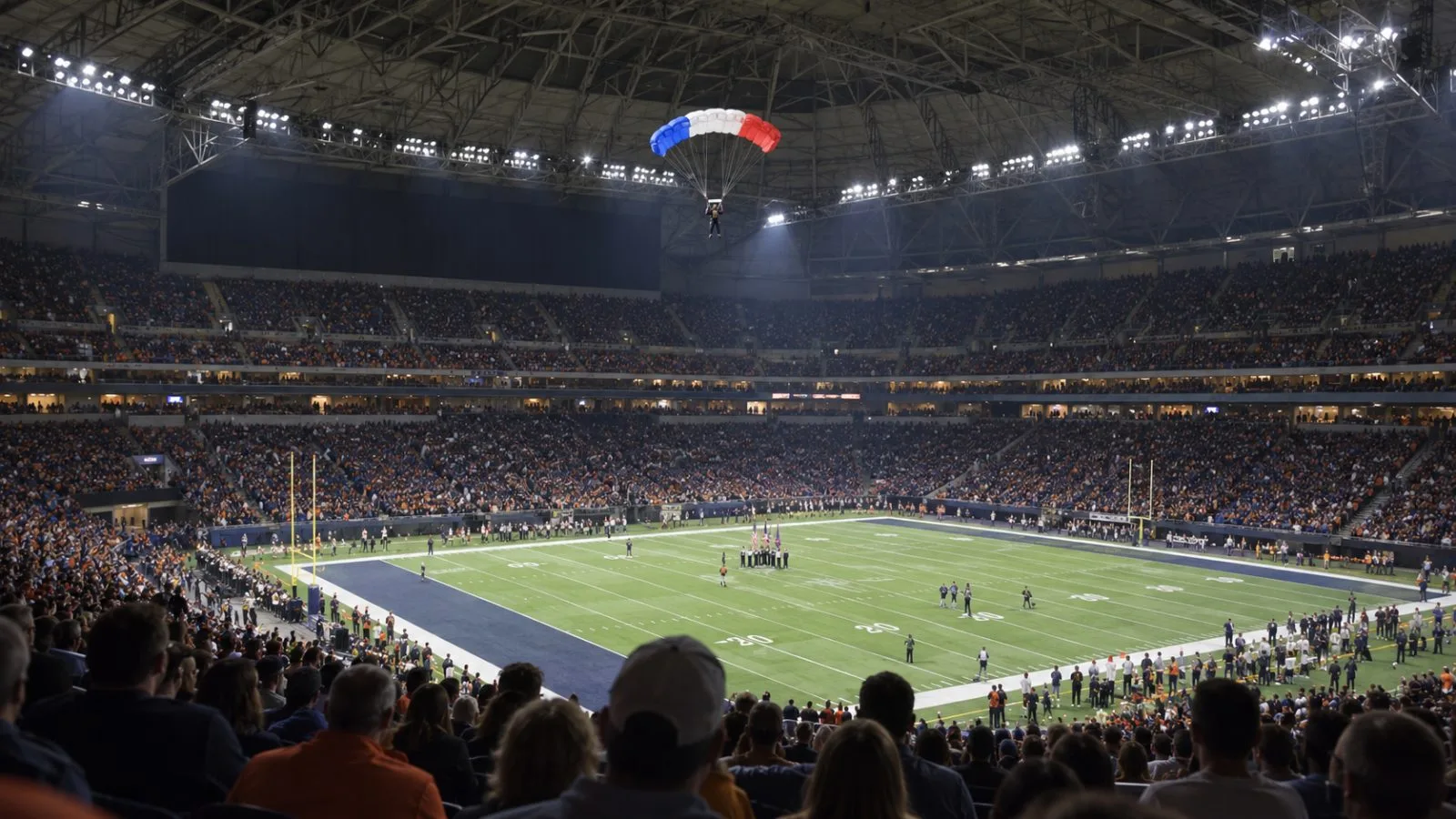 A parachutist descends over the field during a pregame display at the Alamodome in San Antonio (AI-generated image / EconoTimes)