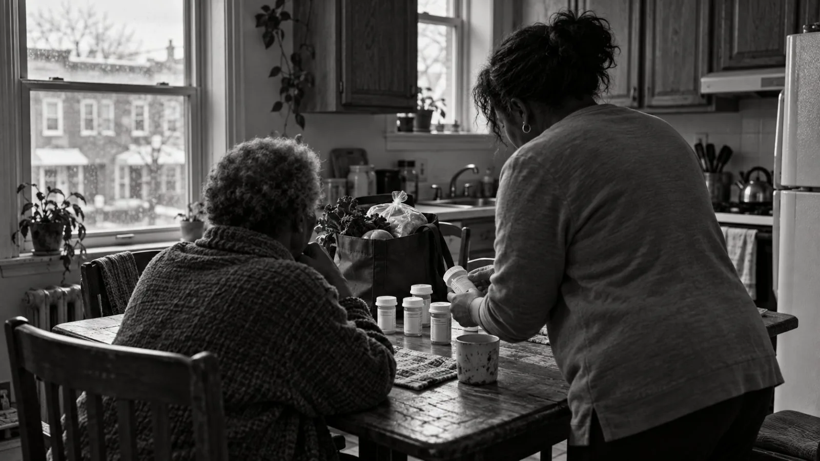 A family caregiver sorts prescription bottles beside an older relative in a Baltimore kitchen. / EconoTimes.ai