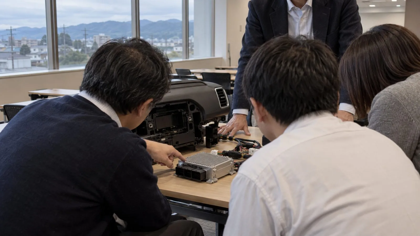 Attendees view an automotive control unit during a development briefing in Sano, Japan. (AI-generated image / EconoTimes)