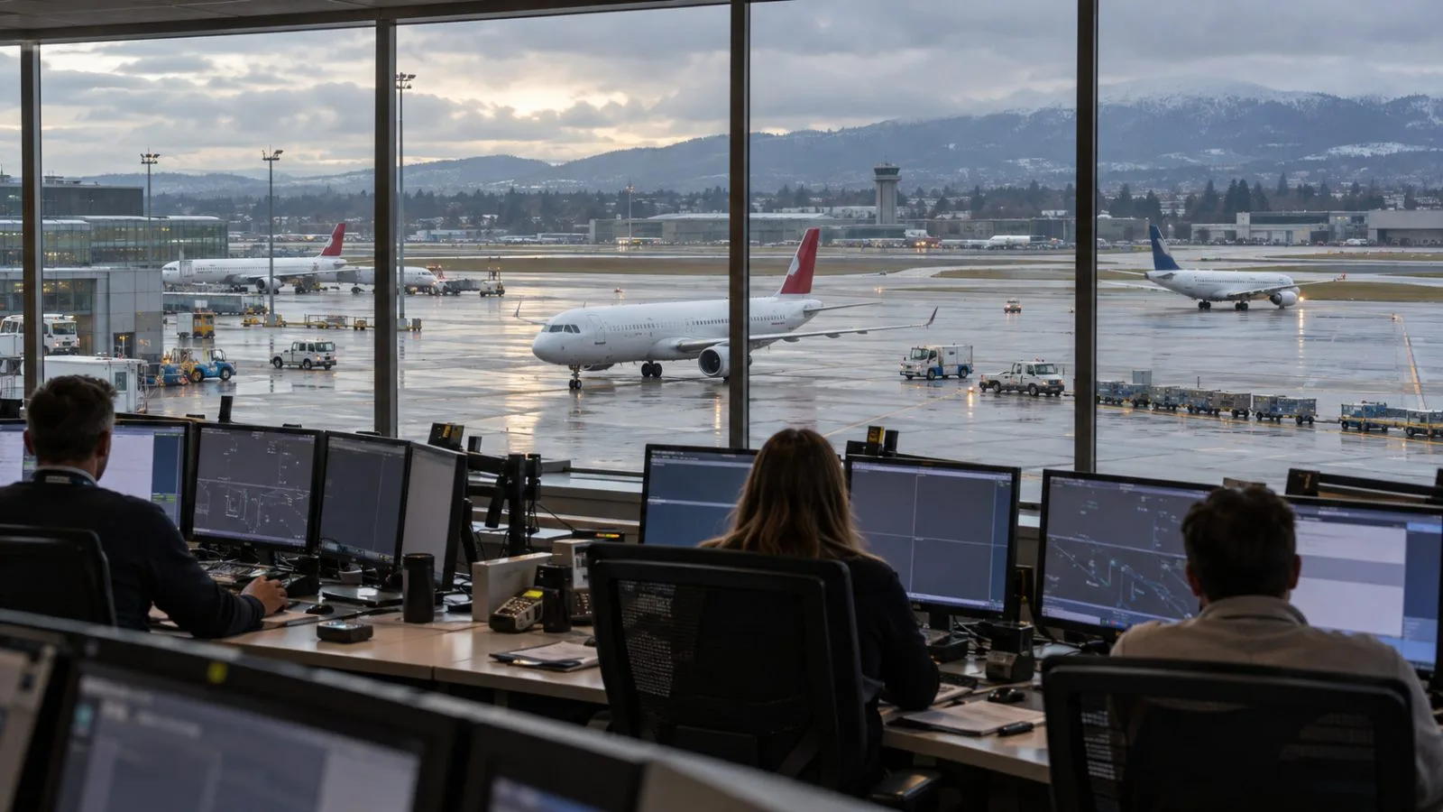 Operations staff monitor aircraft movements from a control room at Geneva Airport, Switzerland. (AI-generated image / EconoTimes)