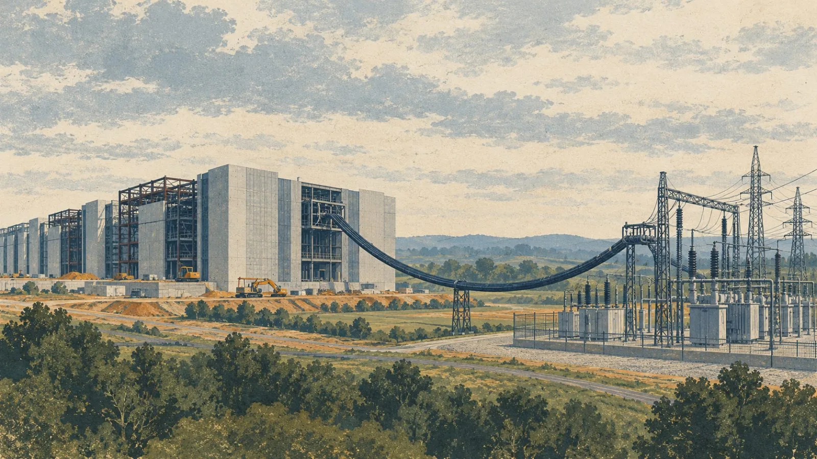 A data-center campus stands beside a high-voltage substation in Ashburn, Virginia. (AI-generated image / EconoTimes)
