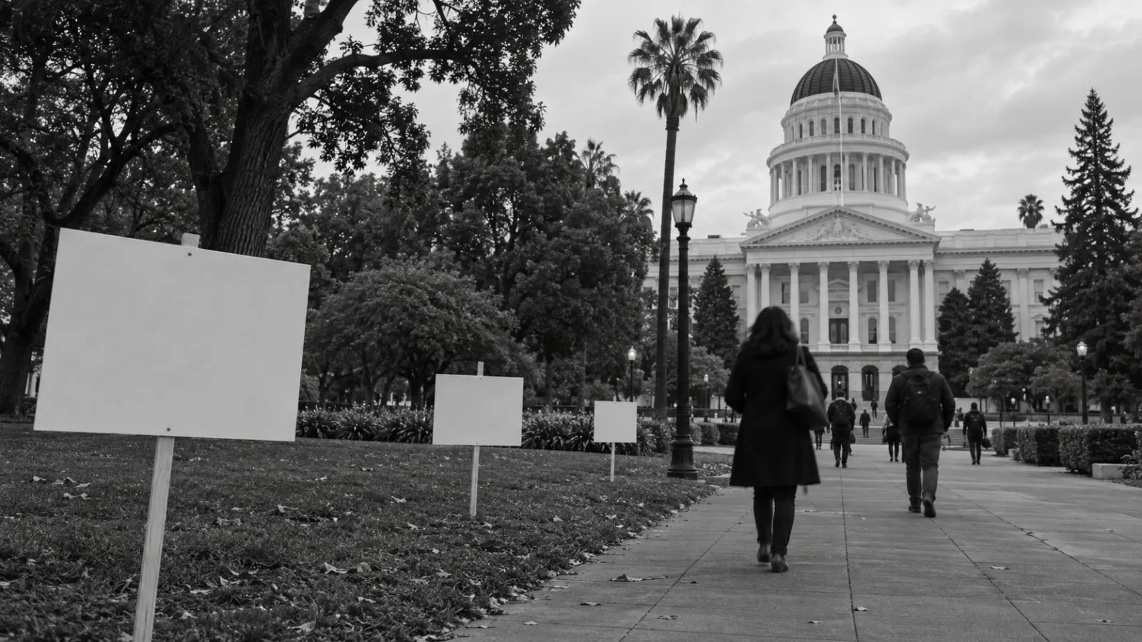 Campaign signs line the grounds outside the California State Capitol in Sacramento. (AI-generated image / EconoTimes)