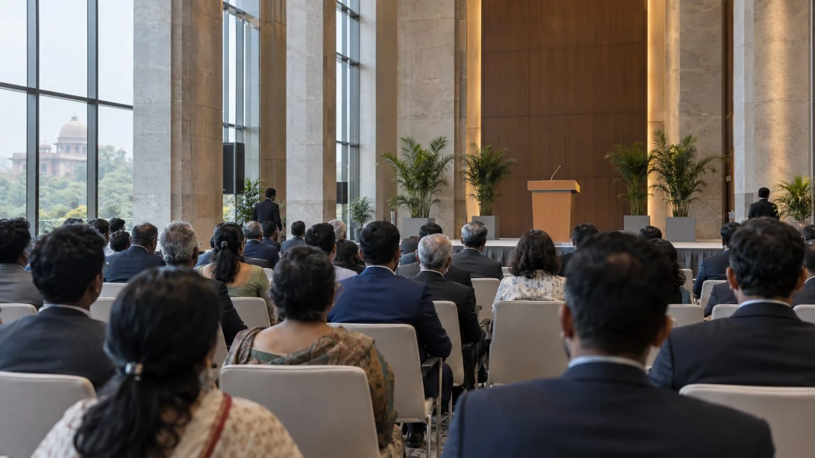 Delegates face a lectern during a trade summit briefing in New Delhi, India. (AI-generated image / EconoTimes)
