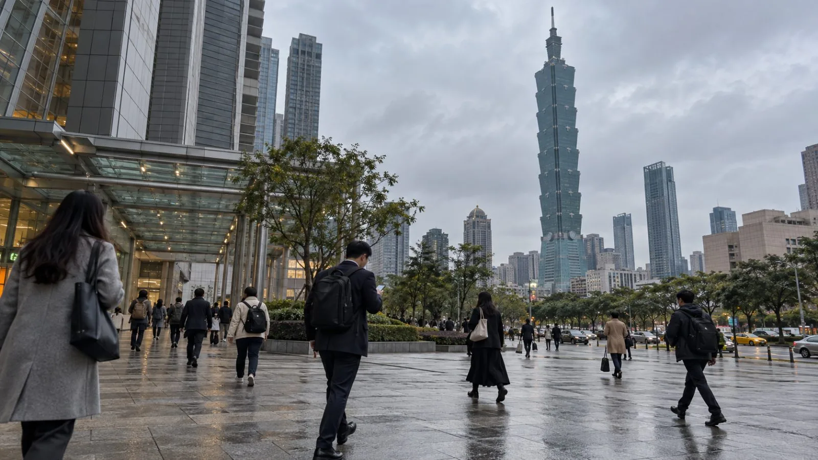 Commuters check their phones outside Taipei 101 in Taipei, Taiwan. (AI-generated image / EconoTimes)