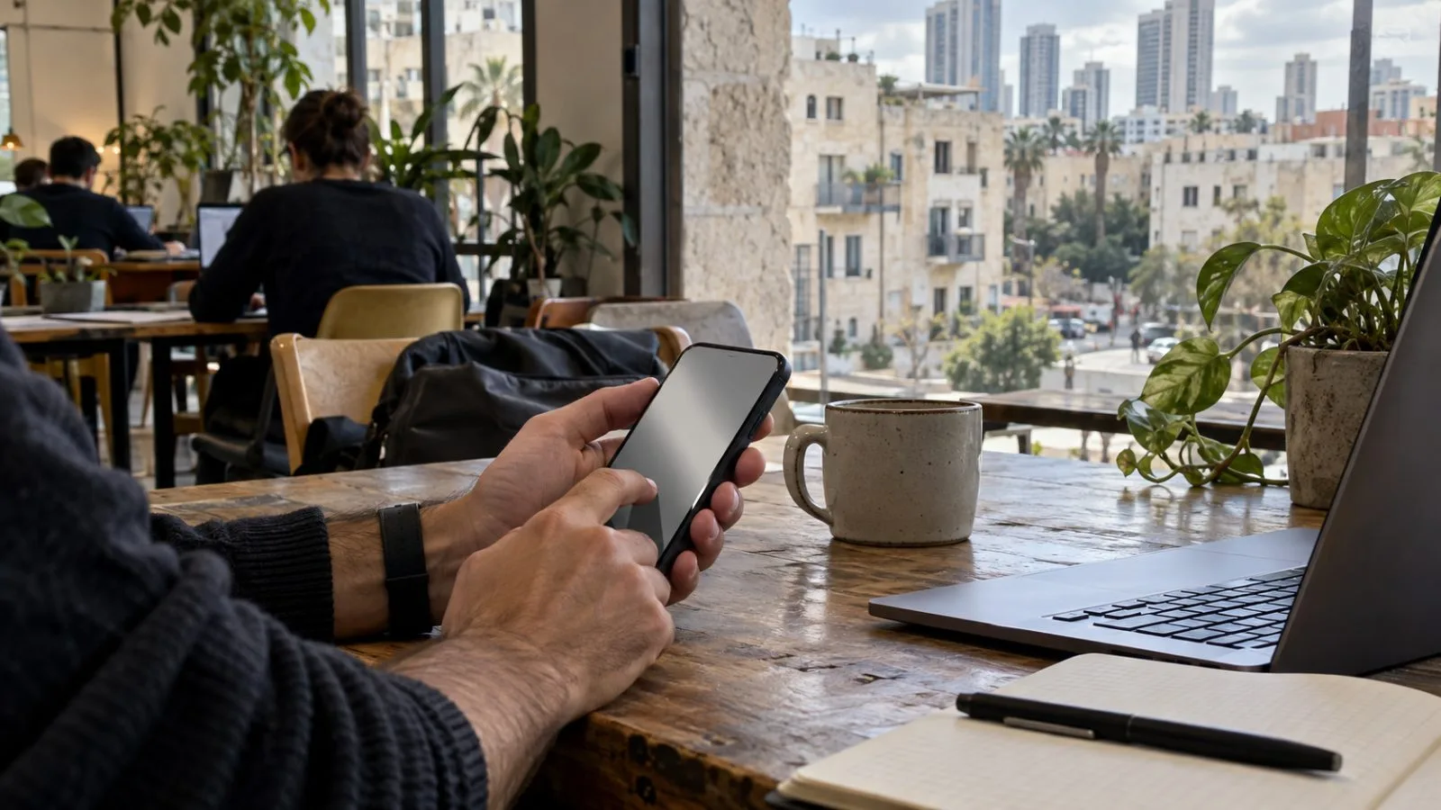 An anonymous user holds a smartphone at a shared workspace in Tel Aviv, Israel. (AI-generated image / EconoTimes)