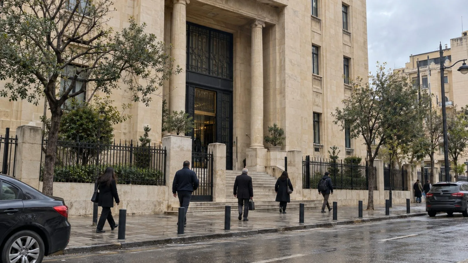 Pedestrians walk past the Constitutional Council building in Beirut under overcast afternoon light. (AI-generated image / EconoTimes)
