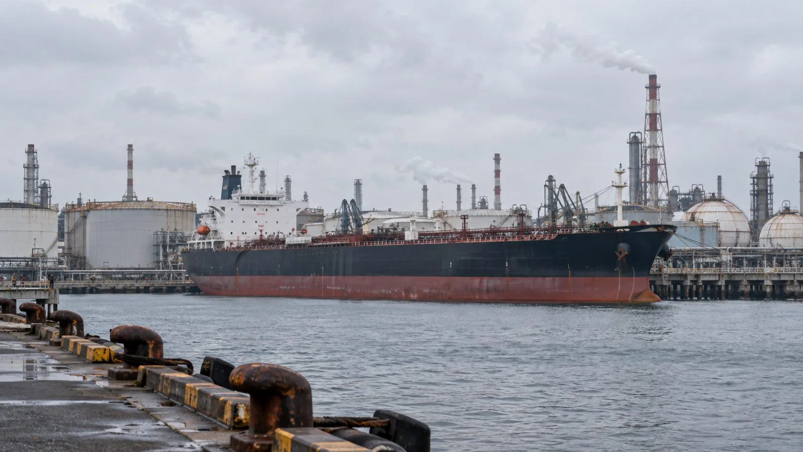 A crude oil tanker is moored beside refinery storage tanks at an industrial terminal in Kawasaki, Japan. (AI-generated image / EconoTimes)