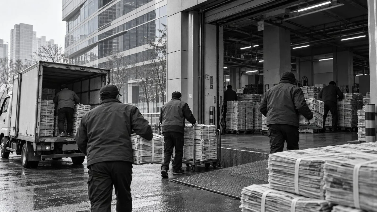 Workers load bundled newspapers outside a media headquarters in Seoul, South Korea. / EconoTimes.ai