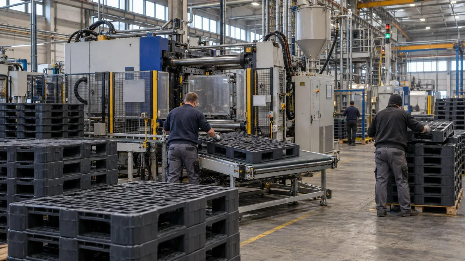 Reusable plastic pallets wait beside a production line inside a factory in Weira, Thuringia, Germany. (AI-generated image / EconoTimes)