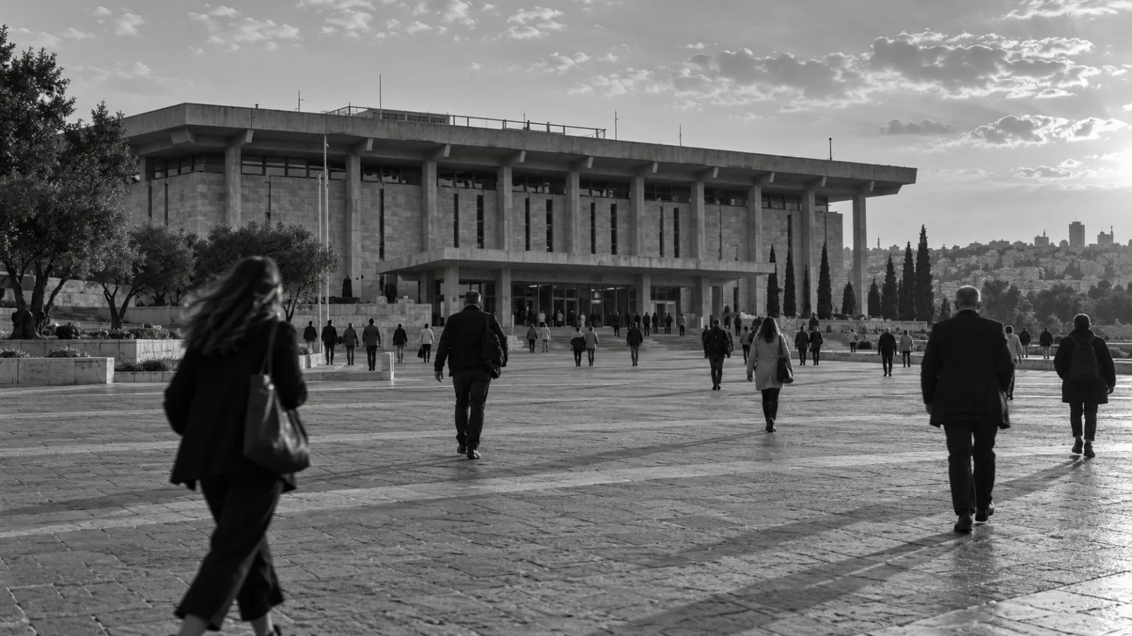 Pedestrians cross the plaza outside the Knesset in Jerusalem during Israel’s final days of campaigning (AI-generated image / EconoTimes)