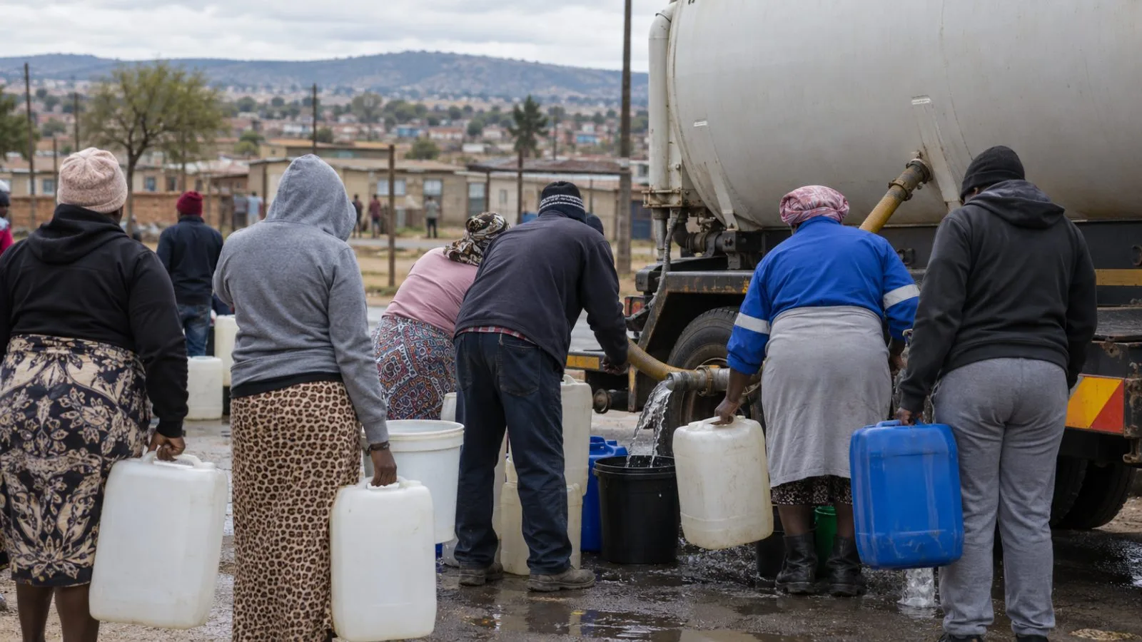 Residents fill containers from a water tanker in Bronkhorstspruit, South Africa. (AI-generated image / EconoTimes)