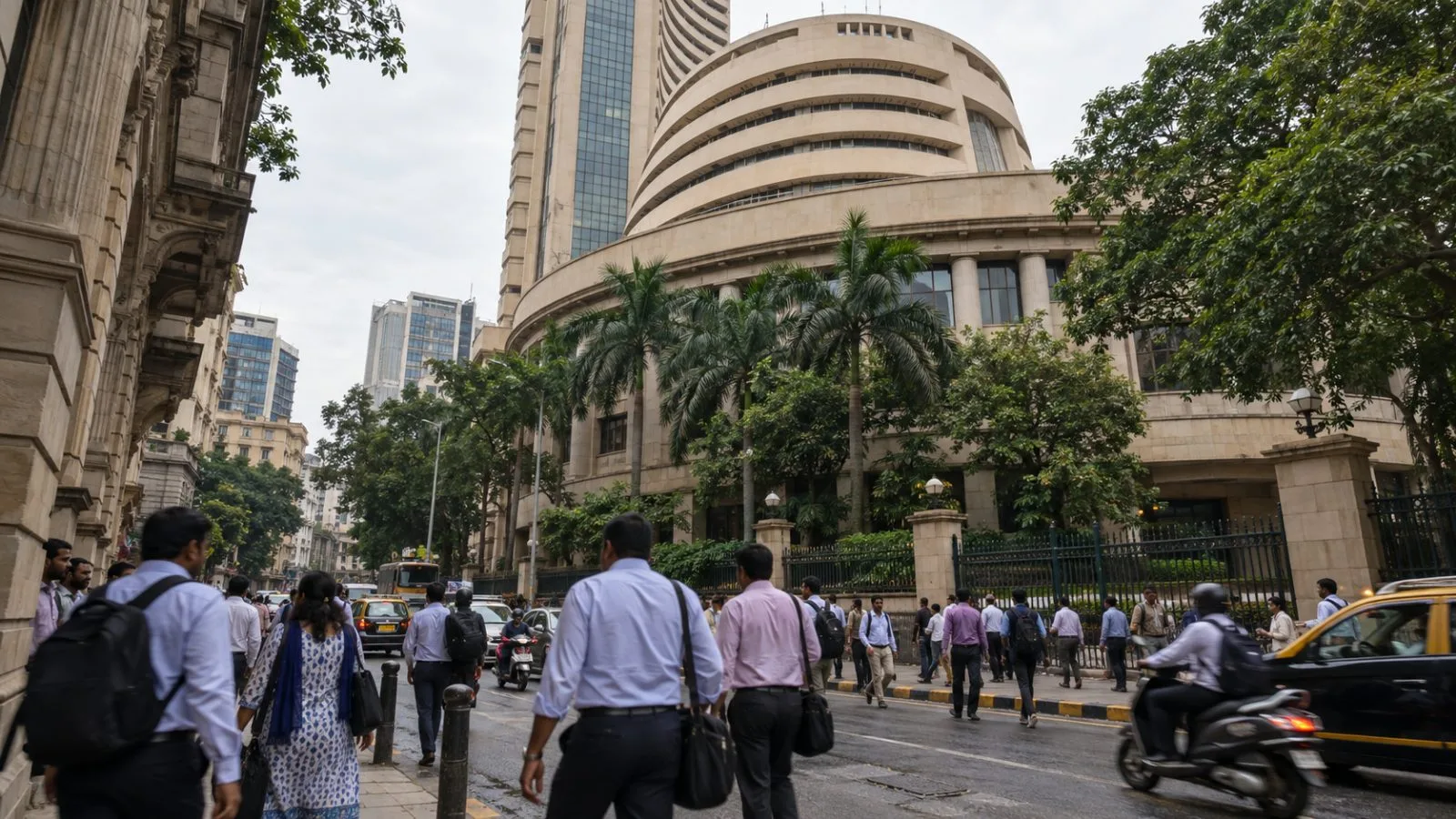 Commuters pass the Bombay Stock Exchange building on Dalal Street in Mumbai, India. (AI-generated image / EconoTimes)