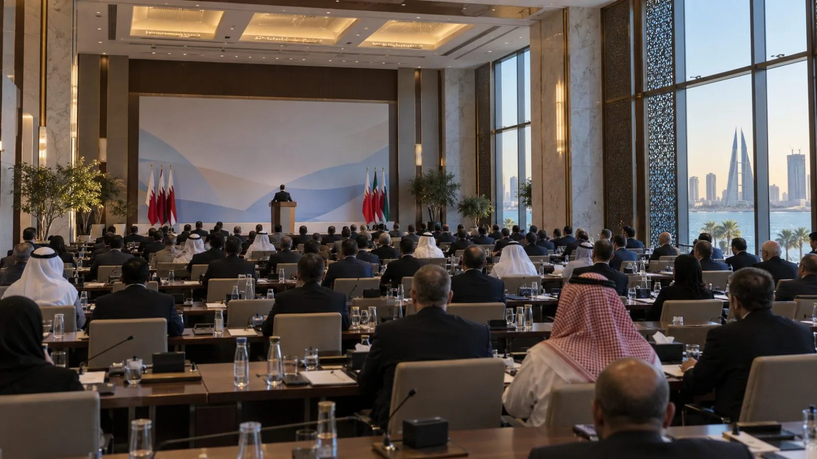 Delegates listen during a regional security forum in Manama, Bahrain. (AI-generated image / EconoTimes)