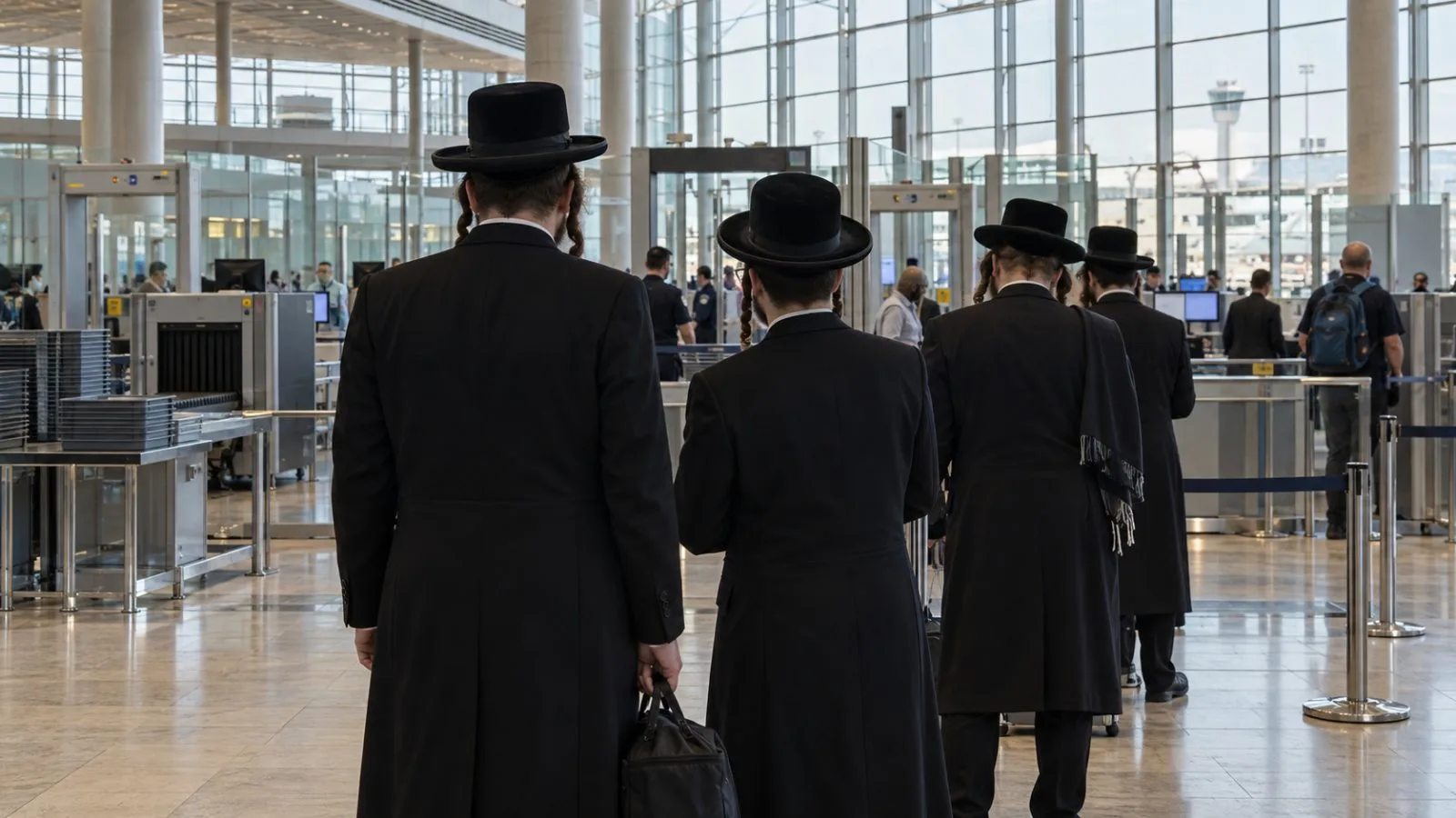 Ultra-Orthodox travelers wait near a security checkpoint at Ben Gurion Airport in Israel. (AI-generated image / EconoTimes)