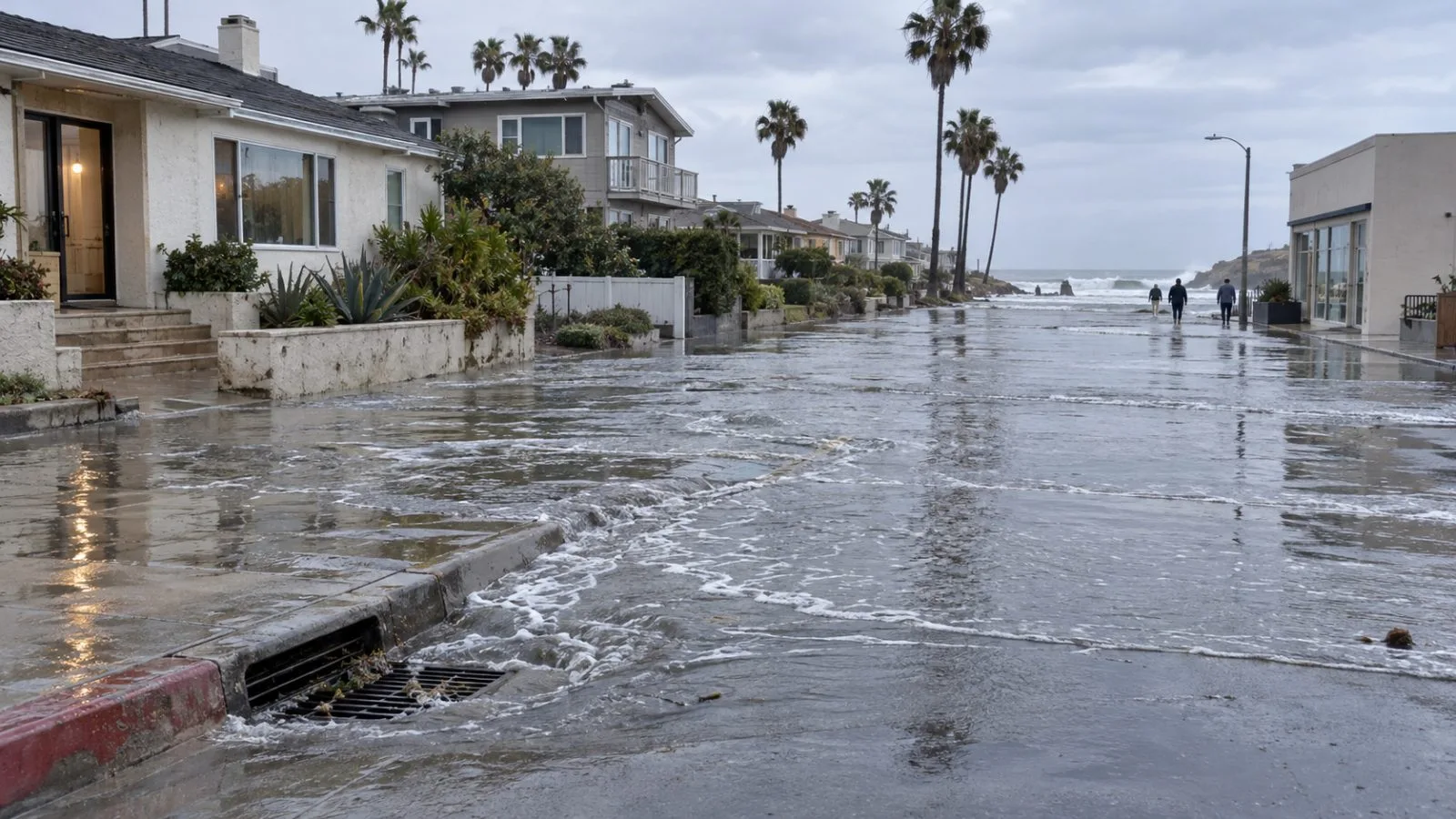 King tide floodwater reaches homes along a low-lying coastal street in San Diego, California (AI-generated image / EconoTimes)
