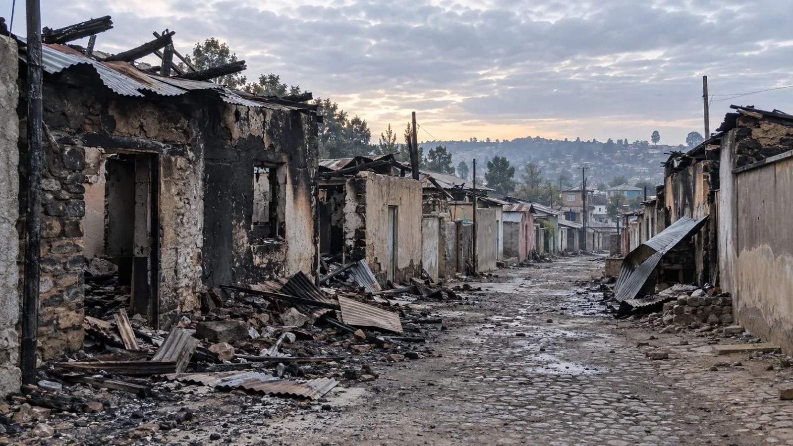 Fire-damaged homes line a residential lane in an Ethiopian town (AI-generated image / EconoTimes)
