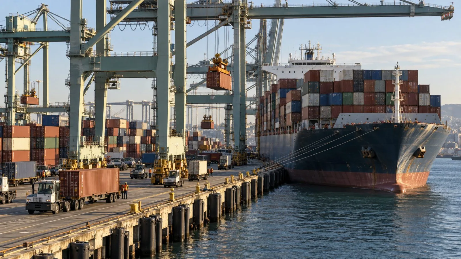 A container ship is unloaded beneath cranes at the Port of Los Angeles in California. (AI-generated image / EconoTimes)