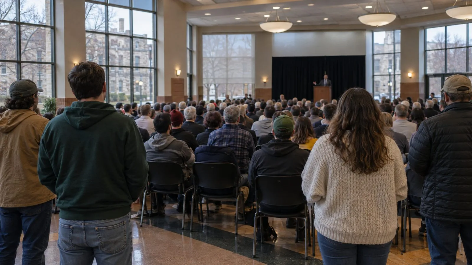Rally attendees face a distant speaker at Ohio University in Chillicothe, Ohio. (AI-generated image / EconoTimes)