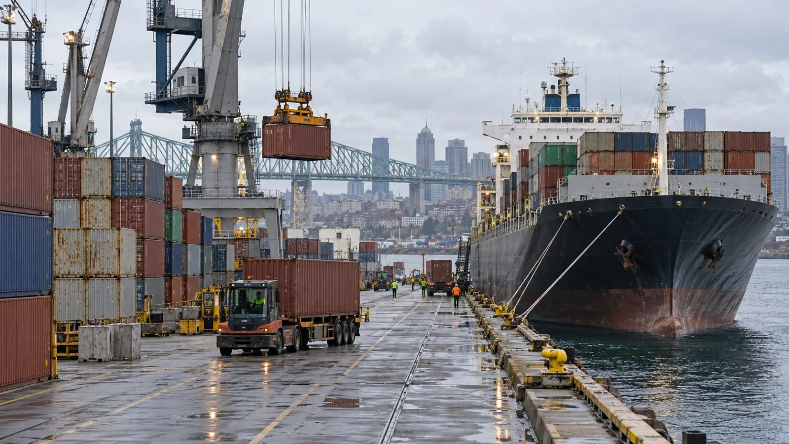Cargo containers line the quay at the Port of Montreal, Canada, beneath an overcast sky. (AI-generated image / EconoTimes)